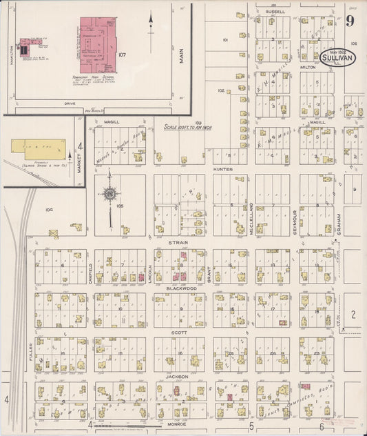 Sanborn Fire Insurance Map from Sullivan, Moultrie County, Illinois (1922), Sheet #0009 - Historic Sanborn Fire Insurance Map Print, vintage old map wall art, antique decor, genealogy gift, Illinois Illinois map