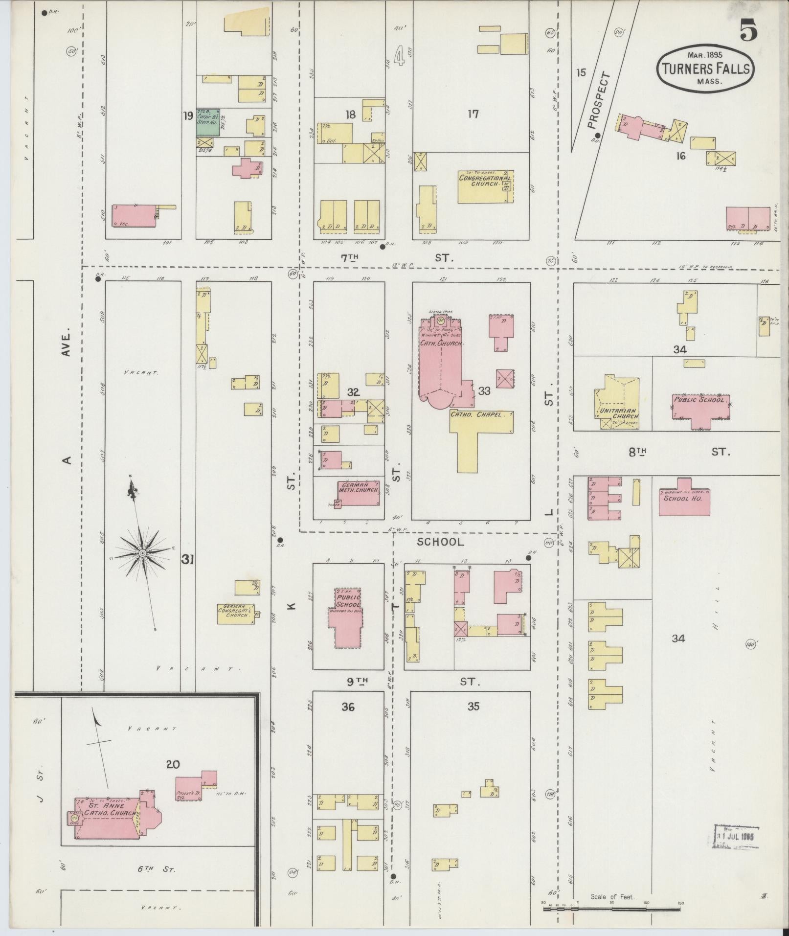 Sanborn Fire Insurance Map from Turners Falls, Franklin County, Massachusetts (1895), Sheet #0005 - Complete Map Set gallery image, historic Sanborn map, vintage wall art, Massachusetts Massachusetts