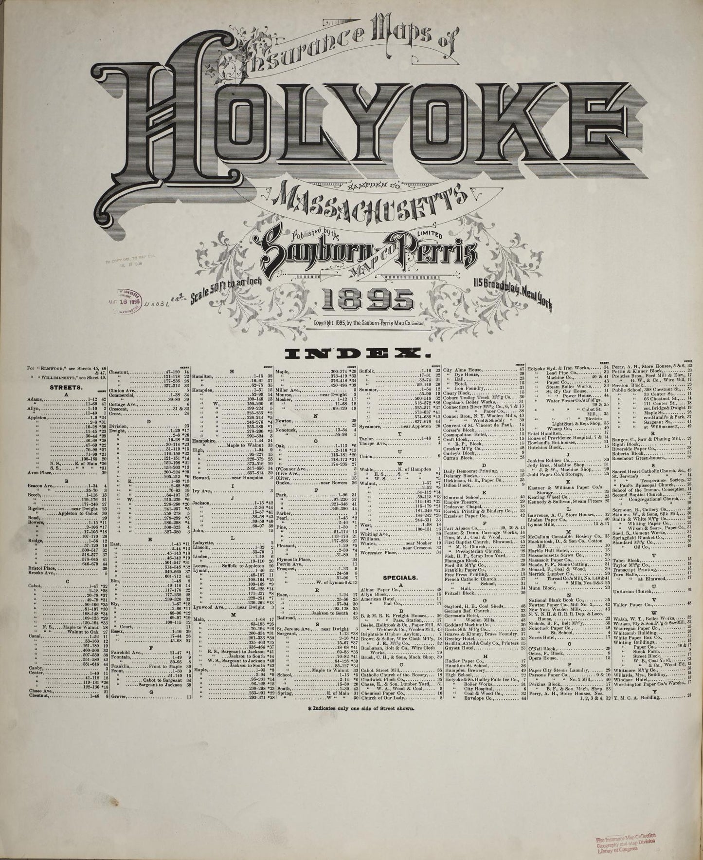 Sanborn Fire Insurance Map from Holyoke, Hampden County, Massachusetts (1895), Sheet #0001 - Historic Sanborn Fire Insurance Map Print, vintage old map wall art, antique decor, genealogy gift, Massachusetts Massachusetts map