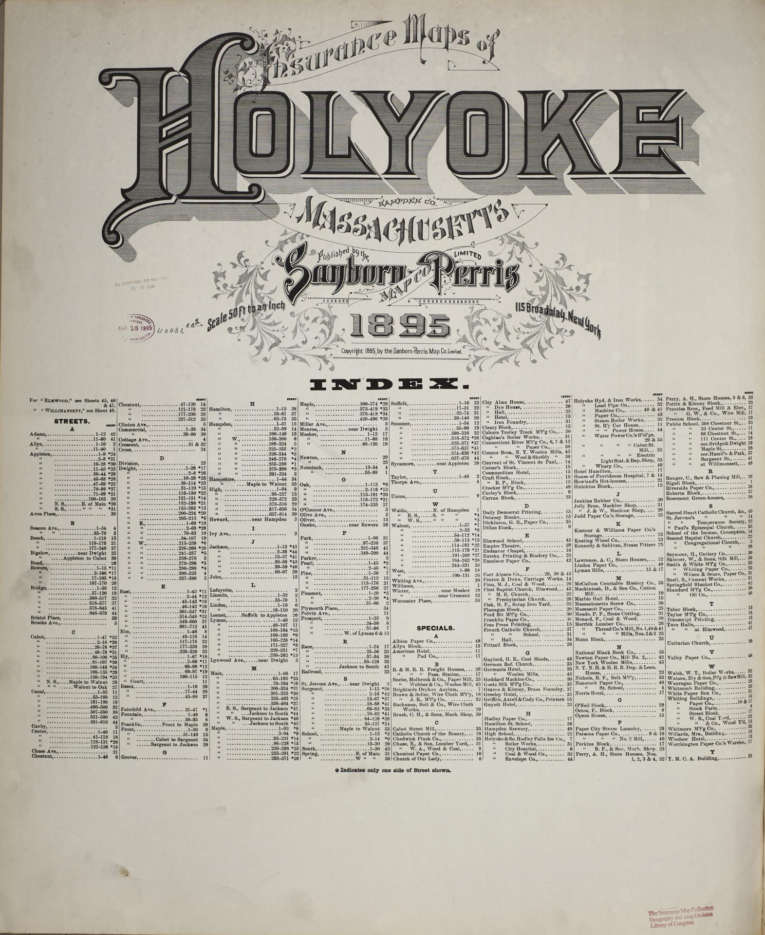 Sanborn Fire Insurance Map from Holyoke, Hampden County, Massachusetts (1895), Sheet #0001 - Historic Sanborn Fire Insurance Map Print, vintage old map wall art, antique decor, genealogy gift, Massachusetts Massachusetts map