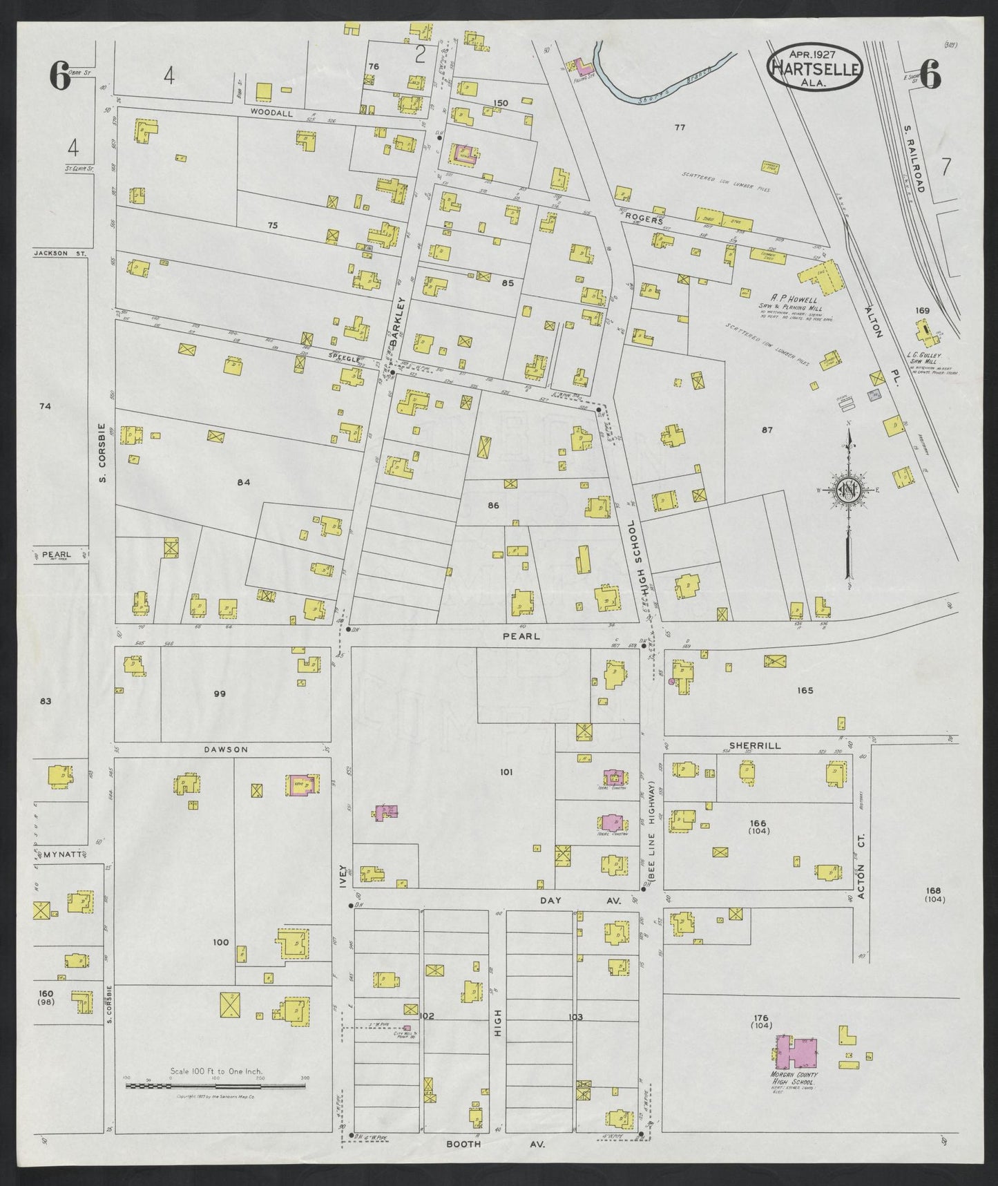 Sanborn Fire Insurance Map from Hartselle, Morgan County, Alabama (1927), Sheet #0006 - Historic Sanborn Fire Insurance Map Print, vintage old map wall art, antique decor, genealogy gift, Alabama Alabama map