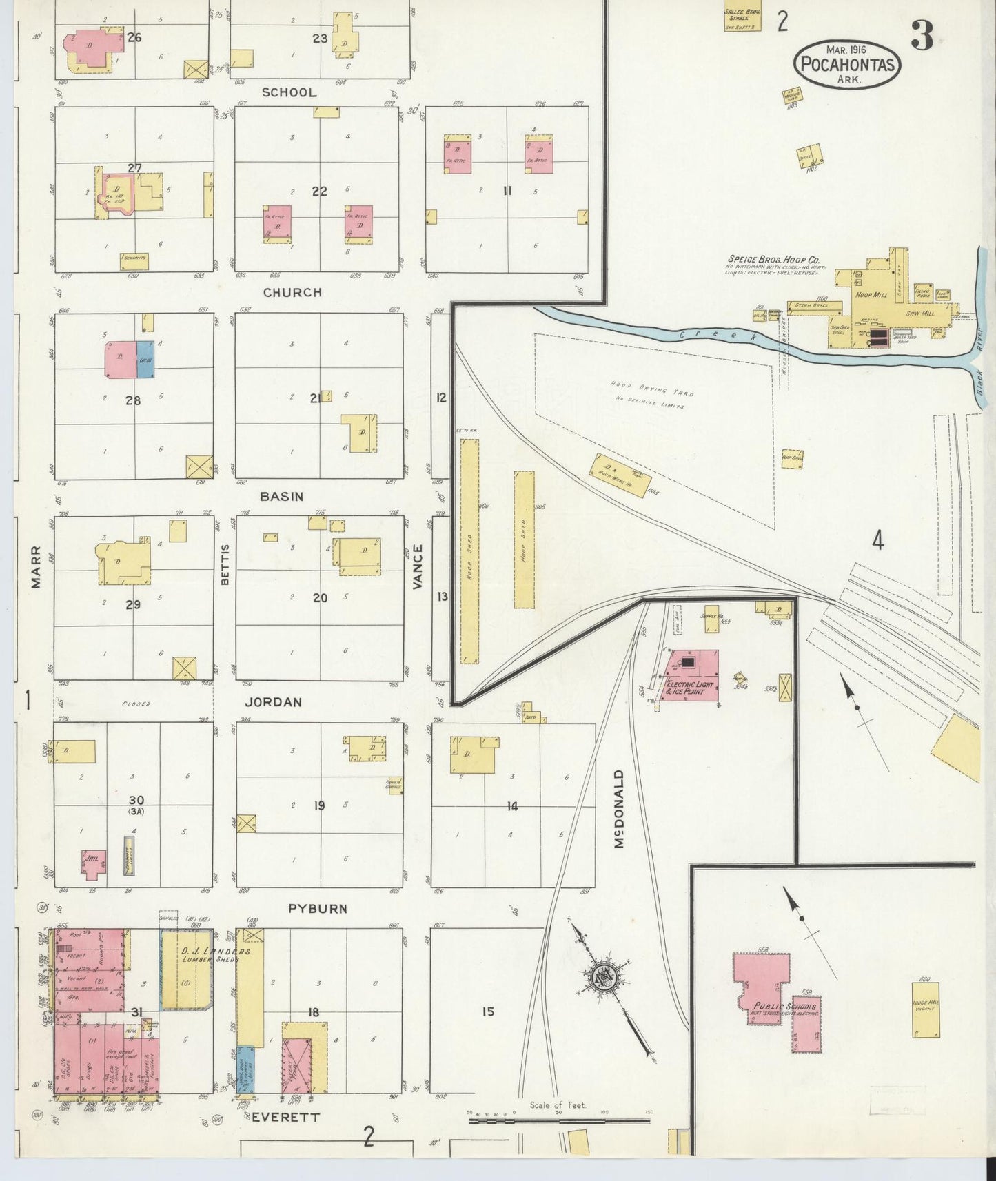 Sanborn Fire Insurance Map from Pocahontas, Randolph County, Arkansas (1916), Sheet #0003 - Historic Sanborn Fire Insurance Map Print, vintage old map wall art, antique decor, genealogy gift, Arkansas Arkansas map