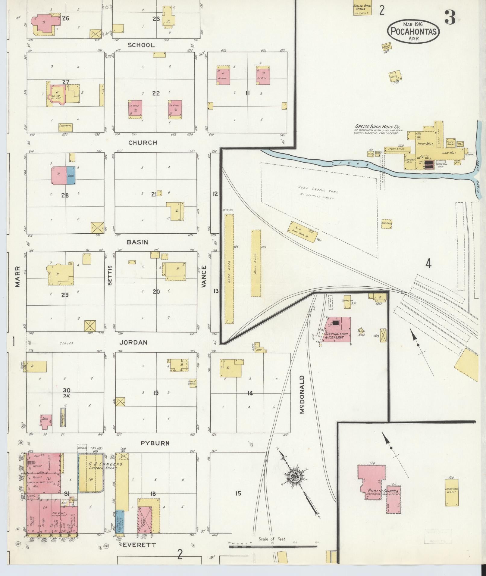 Sanborn Fire Insurance Map from Pocahontas, Randolph County, Arkansas (1916), Sheet #0003 - Historic Sanborn Fire Insurance Map Print, vintage old map wall art, antique decor, genealogy gift, Arkansas Arkansas map