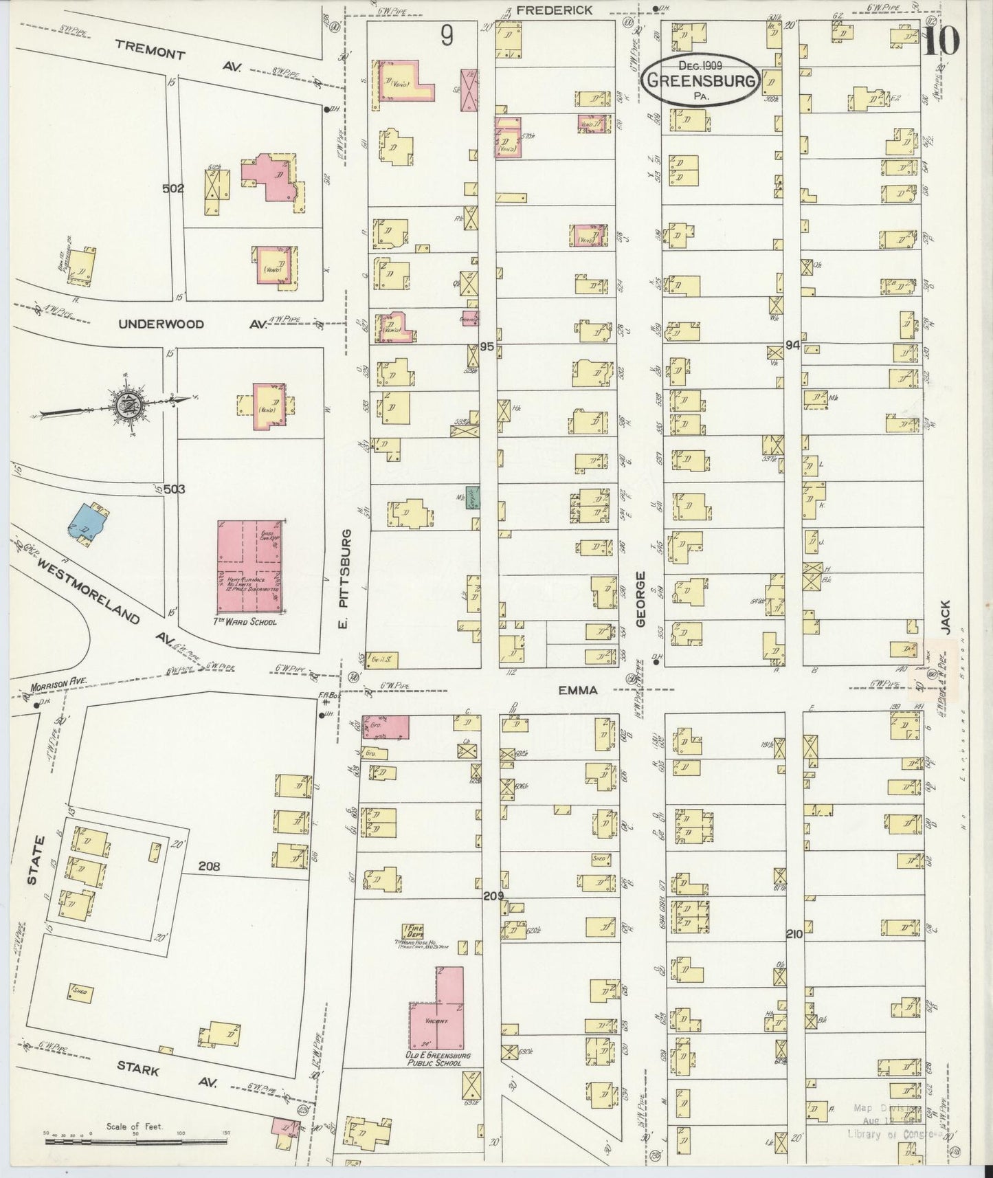 Sanborn Fire Insurance Map from Greensburg, Westmoreland County, Pennsylvania (1909), Sheet #0010 - Historic Sanborn Fire Insurance Map Print, vintage old map wall art, antique decor, genealogy gift, Pennsylvania Pennsylvania map
