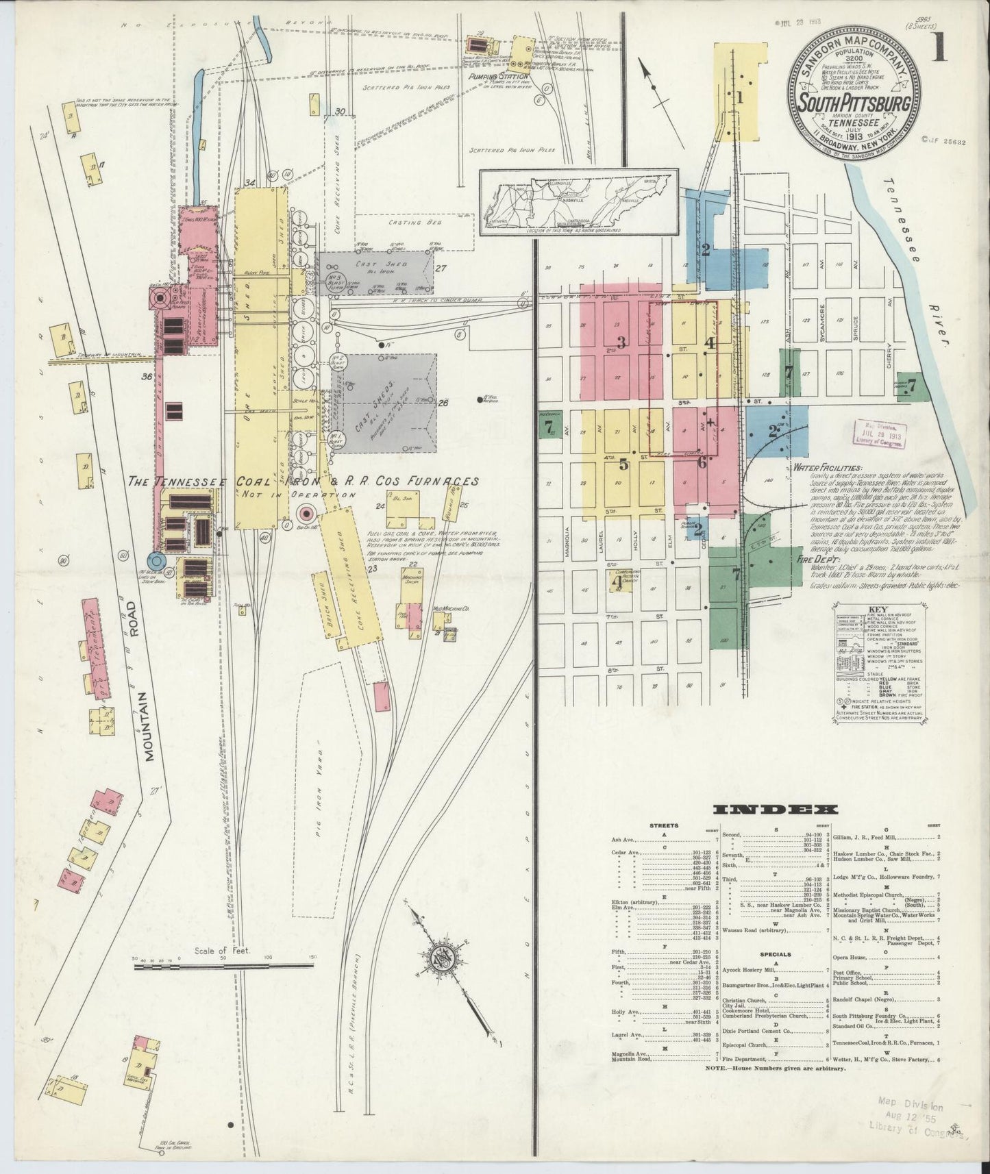 Sanborn Fire Insurance Map from South Pittsburg, Marion County, Tennessee (1913), Sheet #0001 - Complete Map Set gallery image, historic Sanborn map, vintage wall art, Tennessee Tennessee