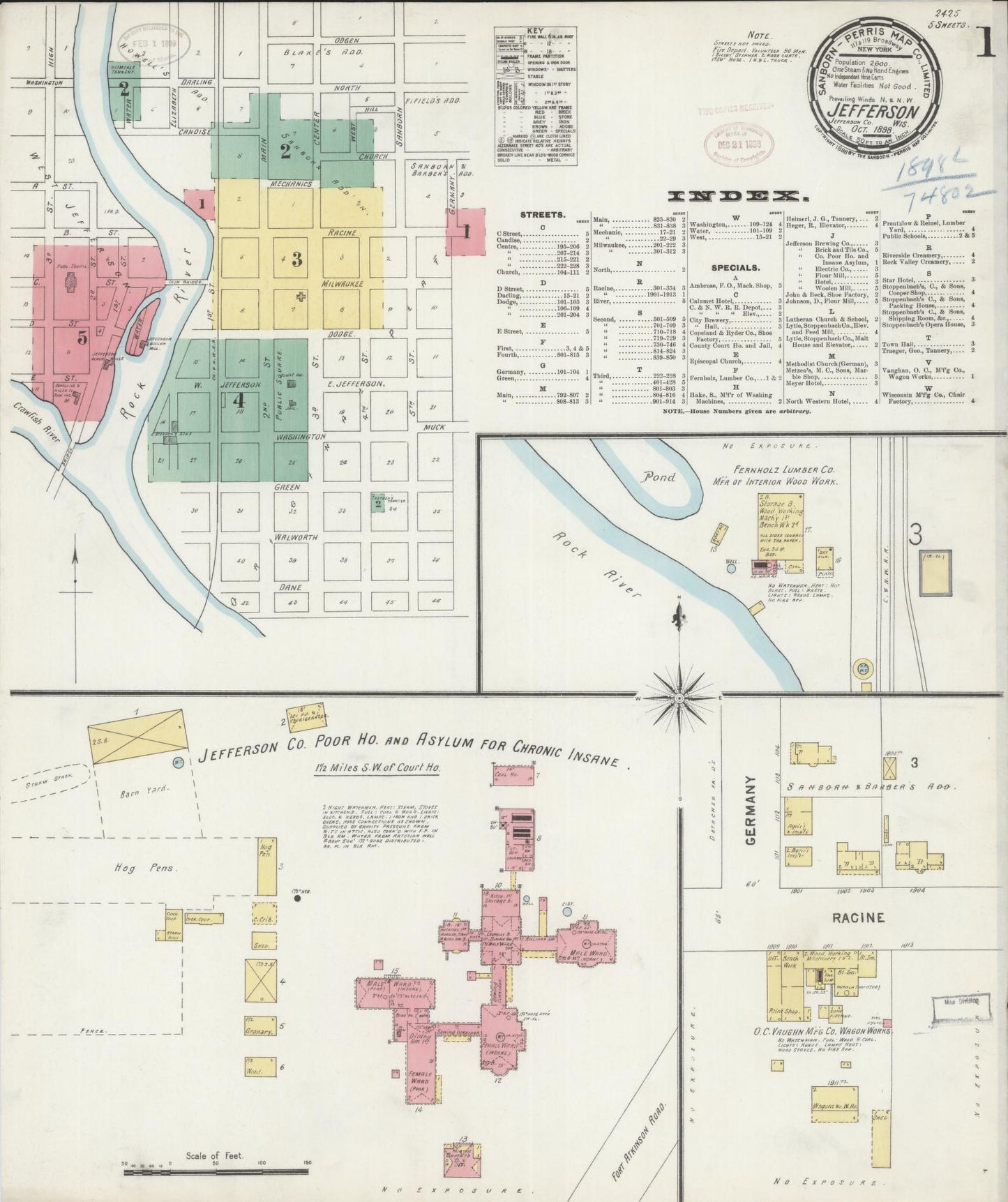 Sanborn Fire Insurance Map from Jefferson, Jefferson County, Wisconsin (1898), Sheet #0001 - Historic Sanborn Fire Insurance Map Print, vintage old map wall art, antique decor, genealogy gift, Wisconsin Wisconsin map