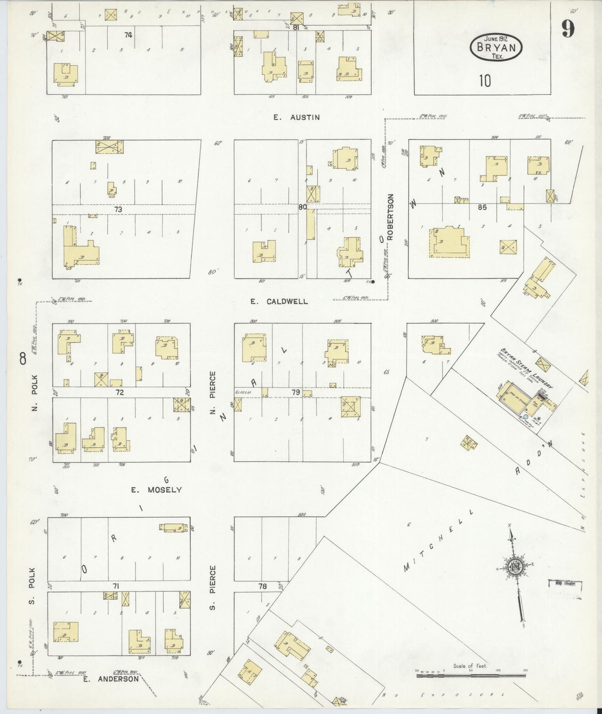 Sanborn Fire Insurance Map from Bryan, Brazos County, Texas (1912), Sheet #0009 - Complete Map Set gallery image, historic Sanborn map, vintage wall art, Texas Texas