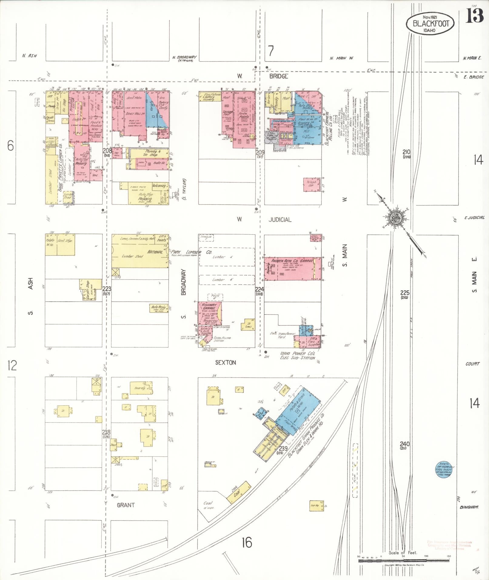 Sanborn Fire Insurance Map from Blackfoot, Bingham County, Idaho (1921), Sheet #0013 - Historic Sanborn Fire Insurance Map Print, vintage old map wall art, antique decor, genealogy gift, Idaho Idaho map