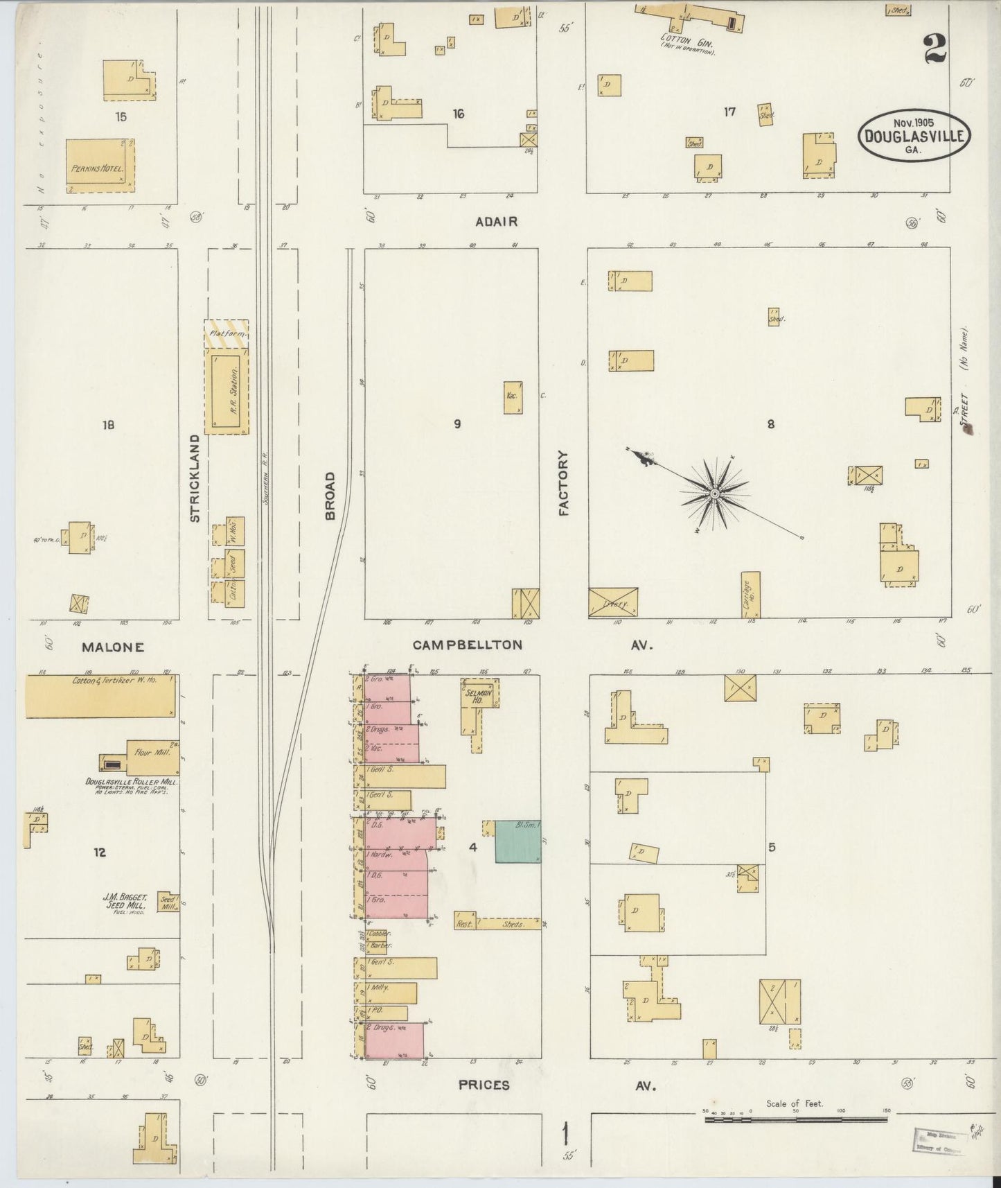 Sanborn Fire Insurance Map from Douglasville, Douglas County, Georgia (1905), Sheet #0002 - Historic Sanborn Fire Insurance Map Print, vintage old map wall art, antique decor, genealogy gift, Georgia Georgia map