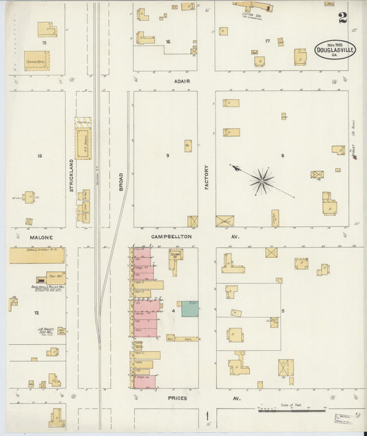Sanborn Fire Insurance Map from Douglasville, Douglas County, Georgia (1905), Sheet #0002 - Historic Sanborn Fire Insurance Map Print, vintage old map wall art, antique decor, genealogy gift, Georgia Georgia map