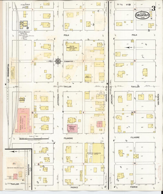 Sanborn Fire Insurance Map from Mount Ayr, Ringgold County, Iowa (1936), Sheet #0003 - Historic Sanborn Fire Insurance Map Print, vintage old map wall art