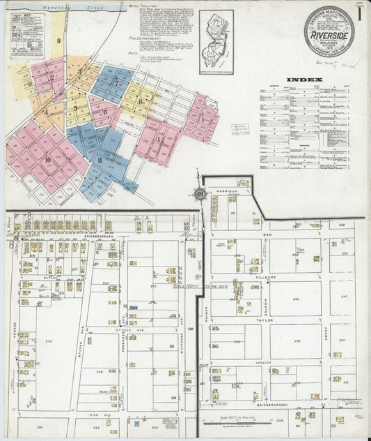 Sanborn Fire Insurance Map from Riverside, Burlington County, New Jersey (1919), Sheet #0001 - Complete Map Set gallery image, historic Sanborn map, vintage wall art, New Jersey New Jersey