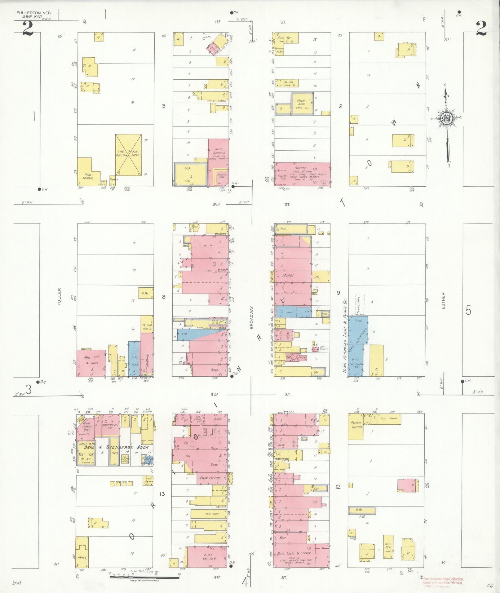 Sanborn Fire Insurance Map from Fullerton, Nance County, Nebraska (1937), Sheet #0002 - Historic Sanborn Fire Insurance Map Print, vintage old map wall art, antique decor, genealogy gift, Nebraska Nebraska map