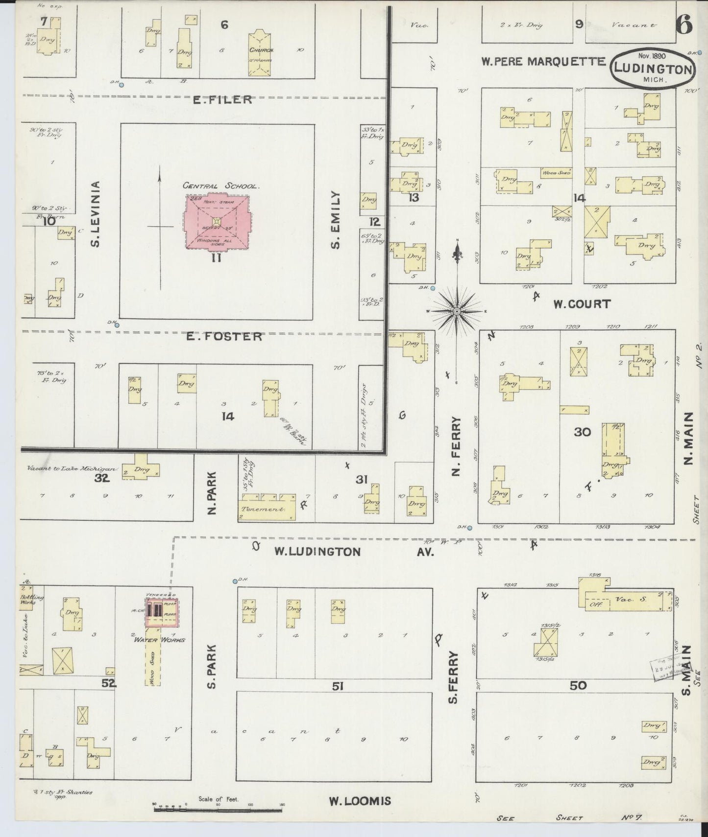 Sanborn Fire Insurance Map from Ludington, Mason County, Michigan (1890), Sheet #0006 - Complete Map Set gallery image, historic Sanborn map, vintage wall art, Michigan Michigan
