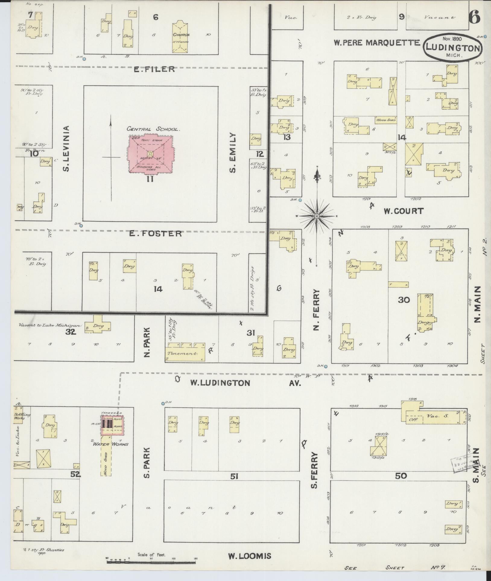 Sanborn Fire Insurance Map from Ludington, Mason County, Michigan (1890), Sheet #0006 - Complete Map Set gallery image, historic Sanborn map, vintage wall art, Michigan Michigan