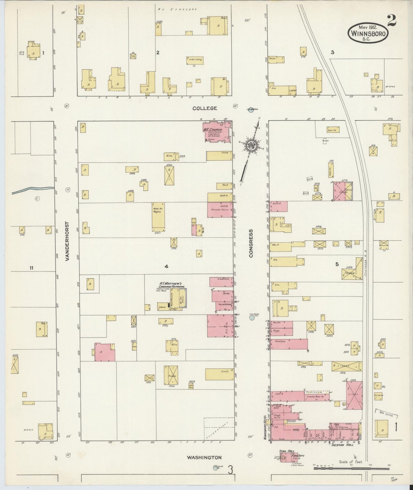 Sanborn Fire Insurance Map from Winnsboro, Fairfield County, South Carolina (1912), Sheet #0002 - Complete Map Set gallery image, historic Sanborn map, vintage wall art, South Carolina South Carolina