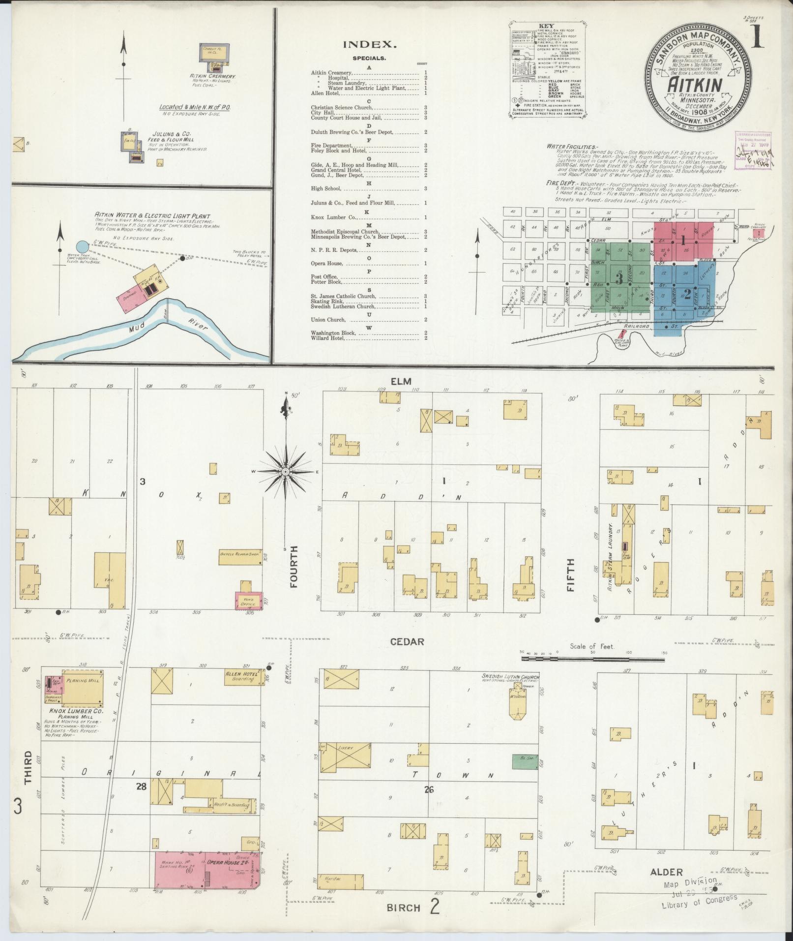 Sanborn Fire Insurance Map from Aitkin, Aitkin County, Minnesota (1908), Sheet #0001 - Complete Map Set gallery image, historic Sanborn map, vintage wall art, Minnesota Minnesota