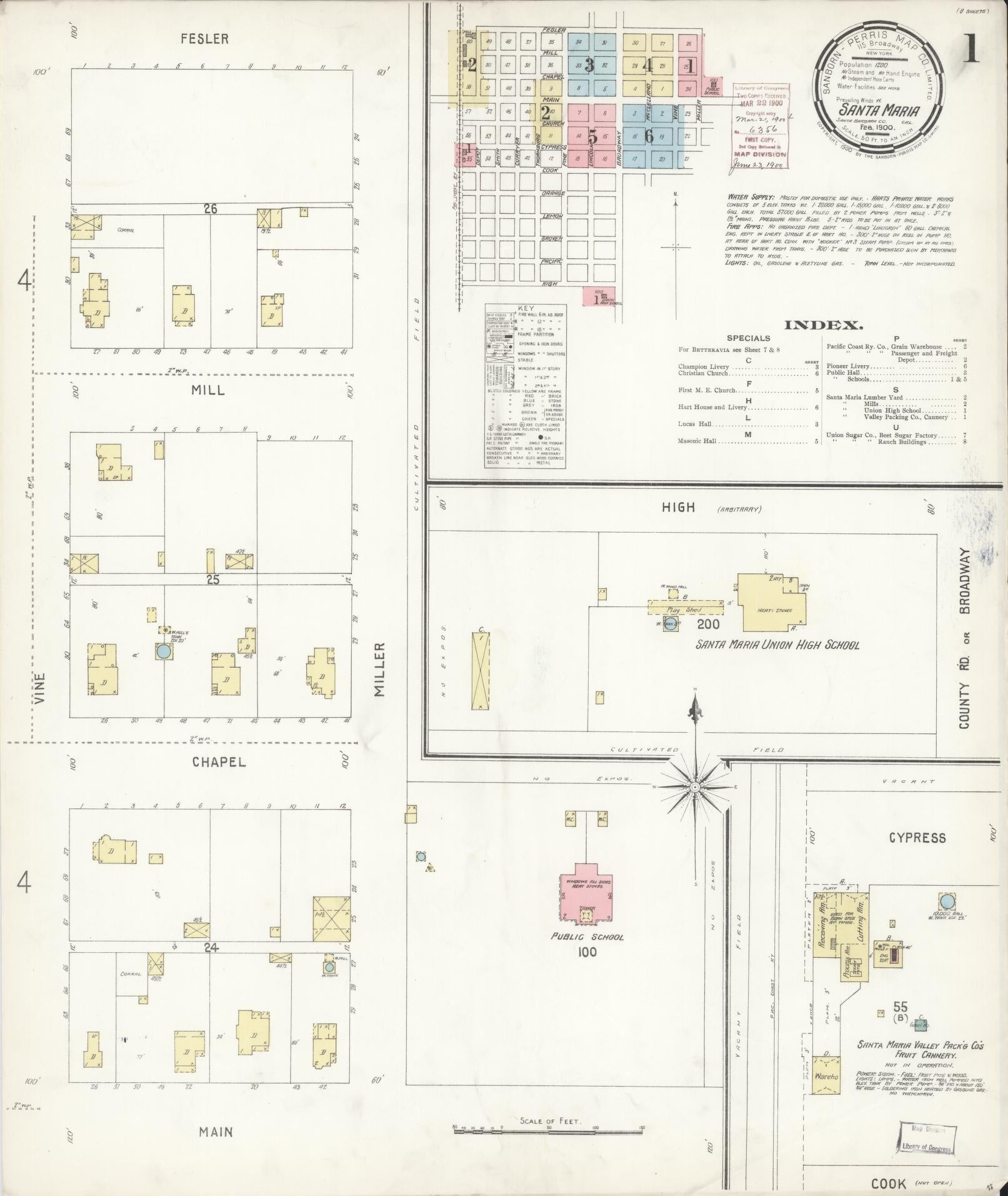 Sanborn Fire Insurance Map from Santa Maria, Santa Barbara County, California (1900), Sheet #0001 - Complete Map Set gallery image, historic Sanborn map, vintage wall art, California California
