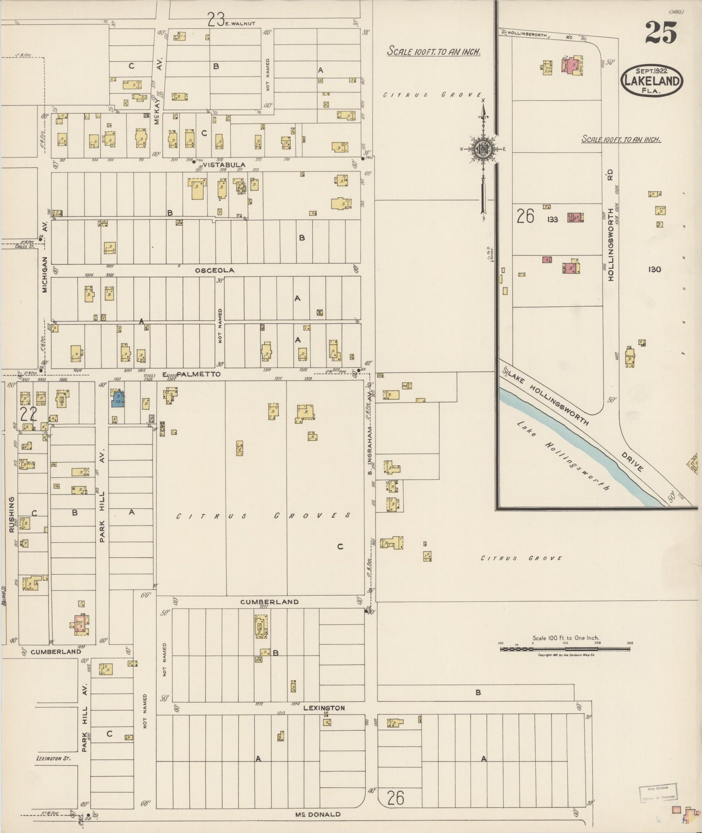 Sanborn Fire Insurance Map from Lakeland, Polk County, Florida (1922), Sheet #0025 - Historic Sanborn Fire Insurance Map Print, vintage old map wall art, antique decor, genealogy gift, Florida Florida map