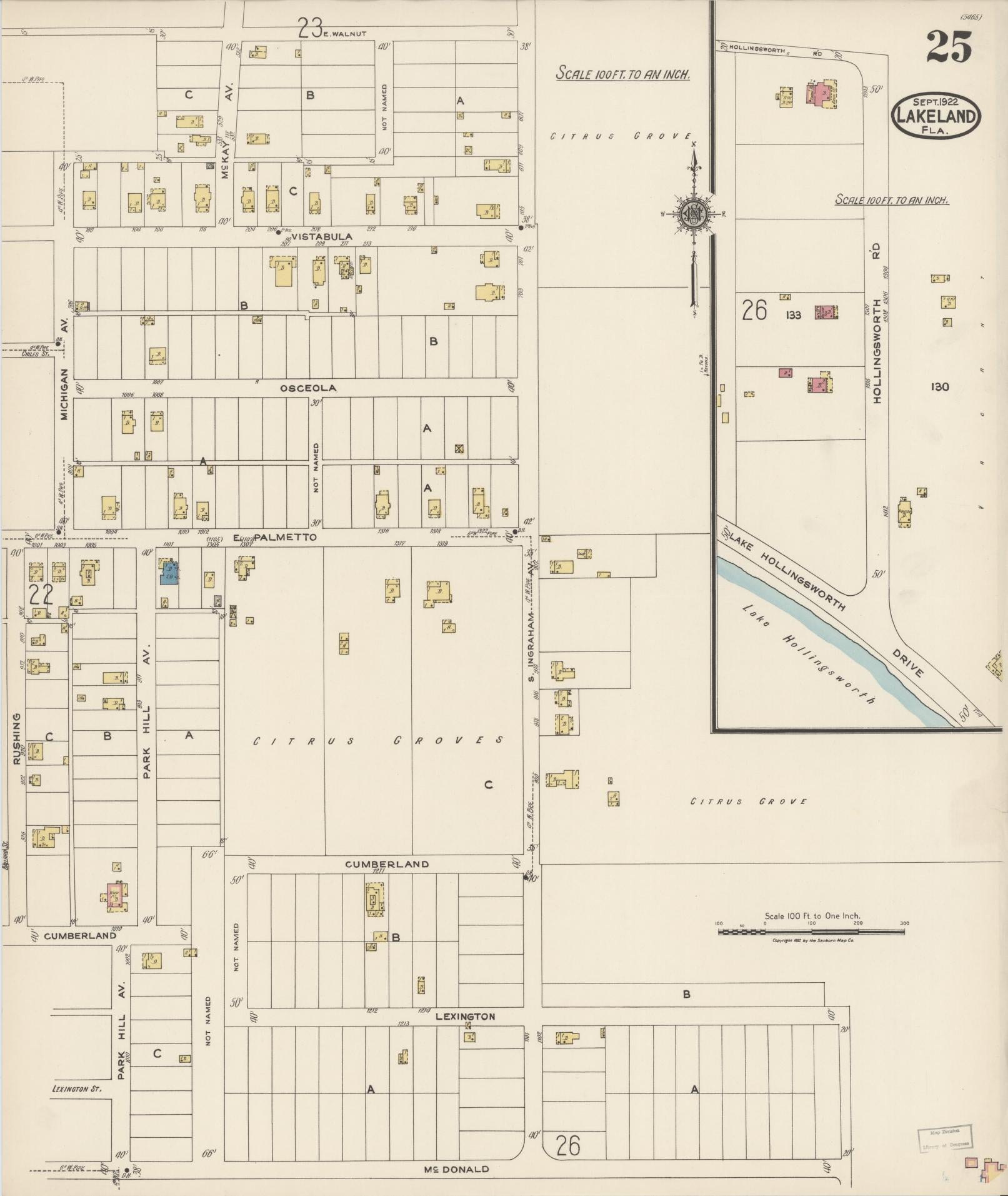 Sanborn Fire Insurance Map from Lakeland, Polk County, Florida (1922), Sheet #0025 - Historic Sanborn Fire Insurance Map Print, vintage old map wall art, antique decor, genealogy gift, Florida Florida map