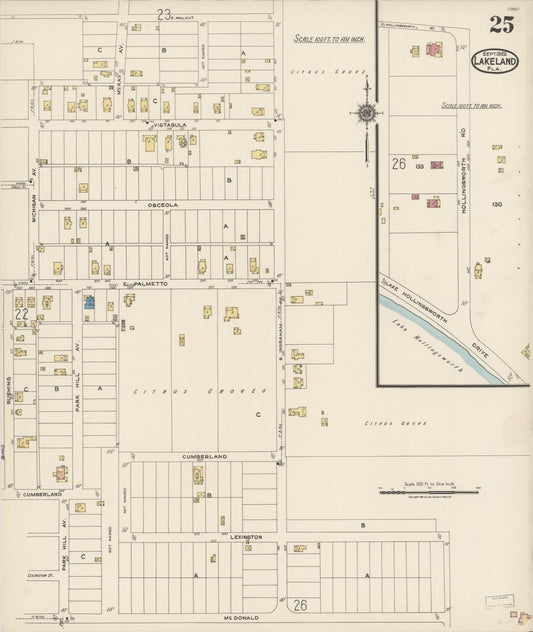 Sanborn Fire Insurance Map from Lakeland, Polk County, Florida (1922), Sheet #0025 - Historic Sanborn Fire Insurance Map Print, vintage old map wall art, antique decor, genealogy gift, Florida Florida map