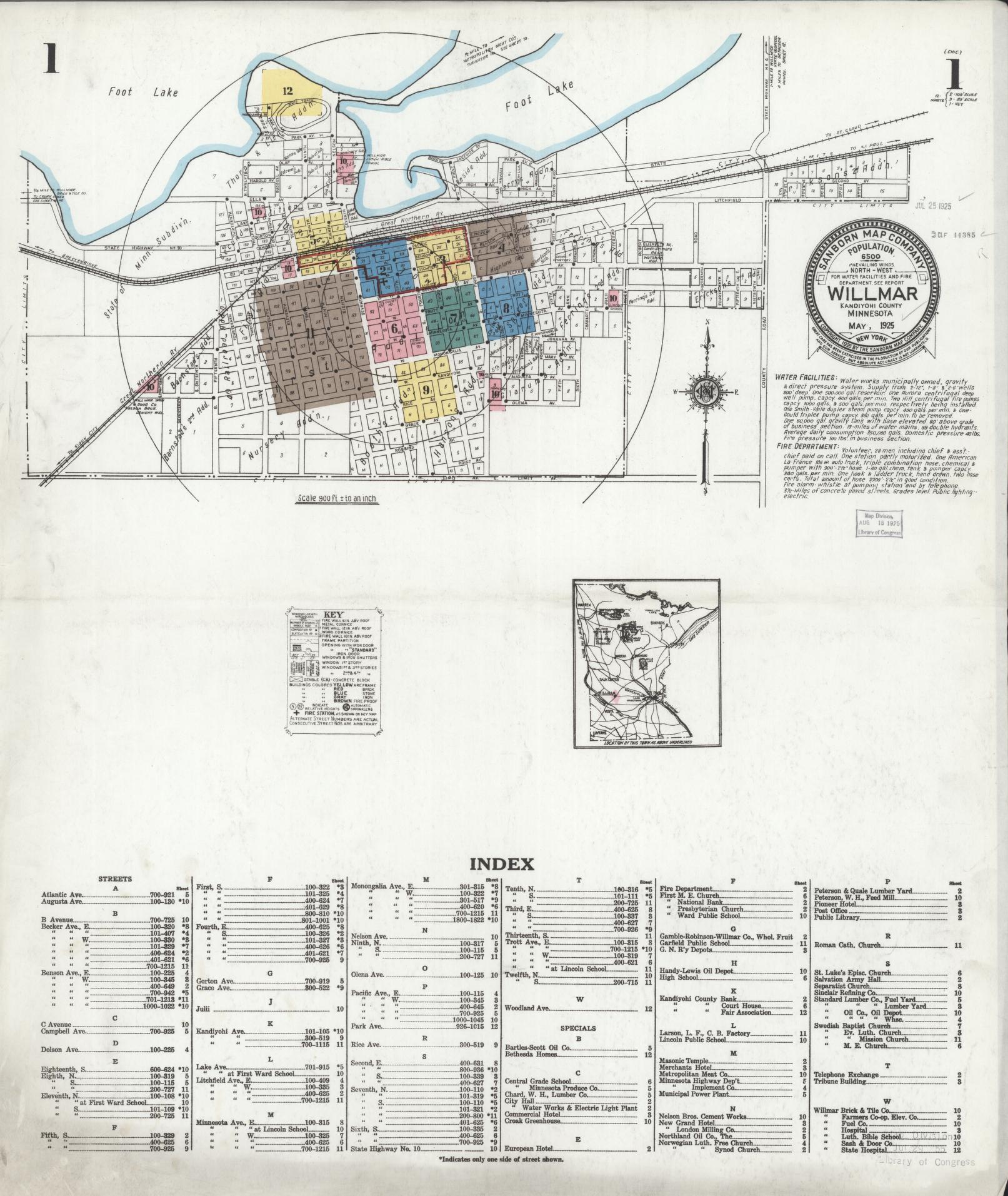 Sanborn Fire Insurance Map from Willmar, Kandiyohi County, Minnesota (1925), Sheet #0001 - Complete Map Set gallery image, historic Sanborn map, vintage wall art, Minnesota Minnesota