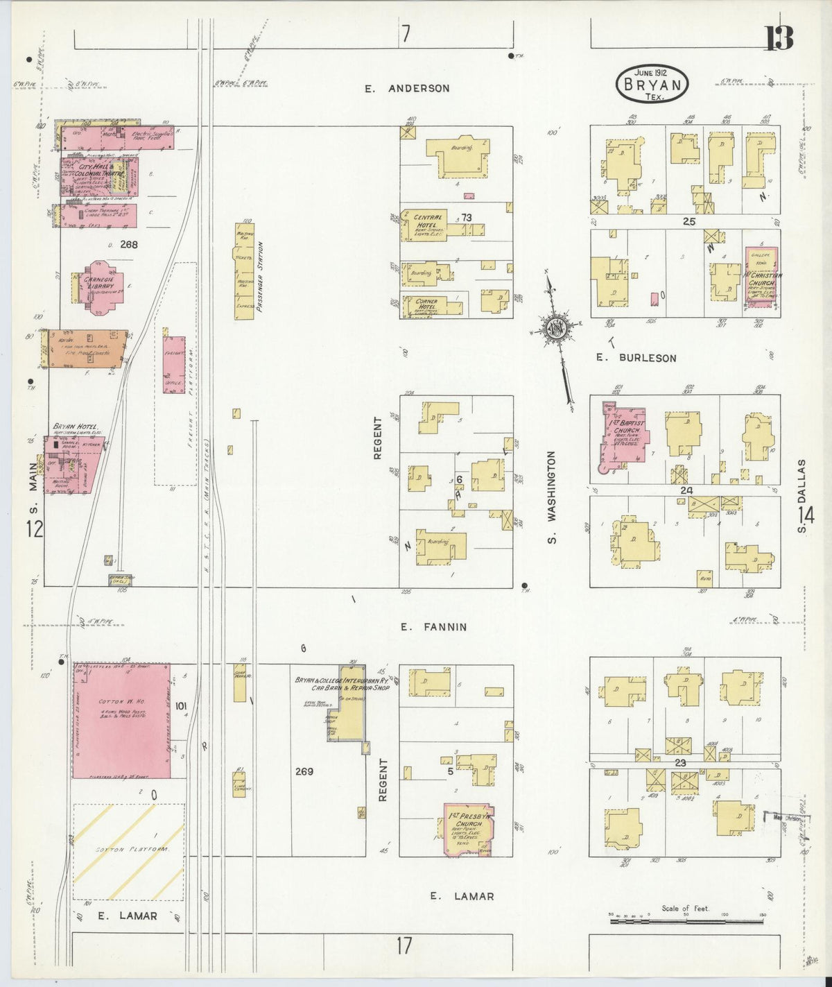 Sanborn Fire Insurance Map from Bryan, Brazos County, Texas (1912), Sheet #0013 - Complete Map Set gallery image, historic Sanborn map, vintage wall art, Texas Texas