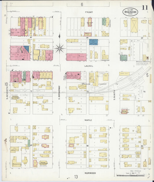 Sanborn Fire Insurance Map from Brainerd, Crow Wing County, Minnesota (1907), Sheet #0011 - Historic Sanborn Fire Insurance Map Print, vintage old map wall art, antique decor, genealogy gift, Minnesota Minnesota map