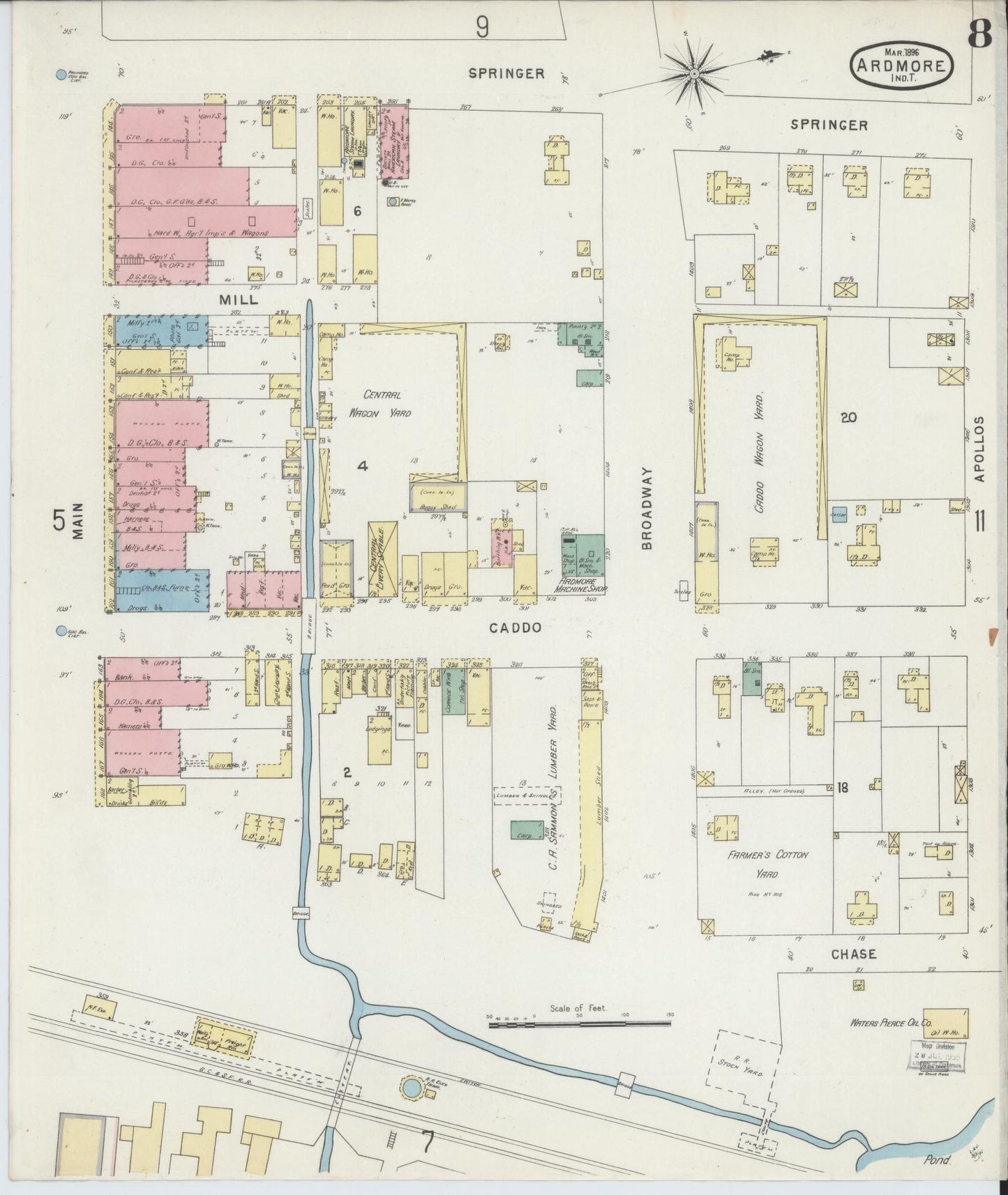 Sanborn Fire Insurance Map from Ardmore, Carter County, Oklahoma (1896), Sheet #0008 - Historic Sanborn Fire Insurance Map Print, vintage old map wall art, antique decor, genealogy gift, Oklahoma Oklahoma map