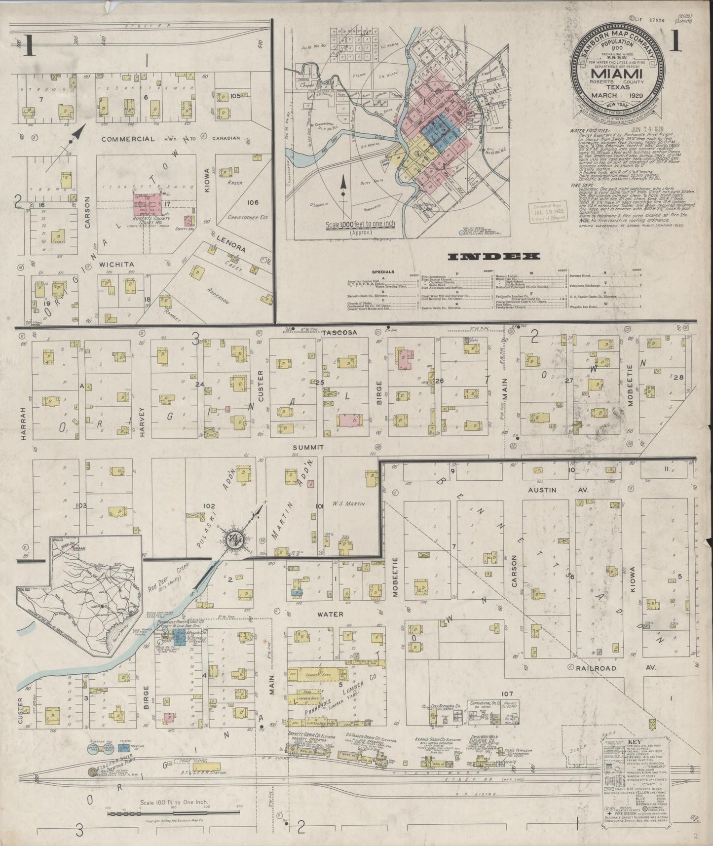 Sanborn Fire Insurance Map from Miami, Roberts County, Texas (1929), Sheet #0001 - Historic Sanborn Fire Insurance Map Print, vintage old map wall art, antique decor, genealogy gift, Texas Texas map