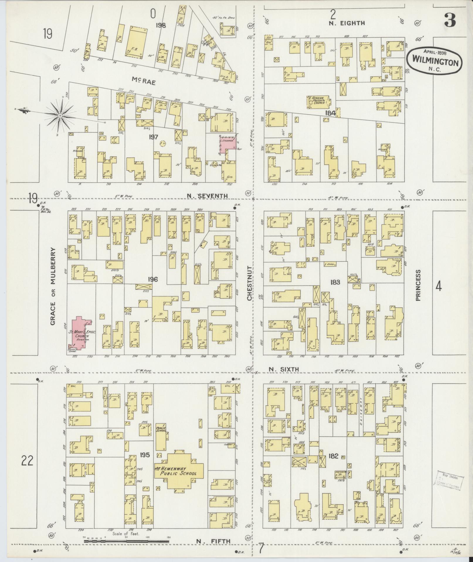 Sanborn Fire Insurance Map from Wilmington, New Hanover County, North Carolina (1898), Sheet #0003 - Historic Sanborn Fire Insurance Map Print, vintage old map wall art, antique decor, genealogy gift, North Carolina North Carolina map