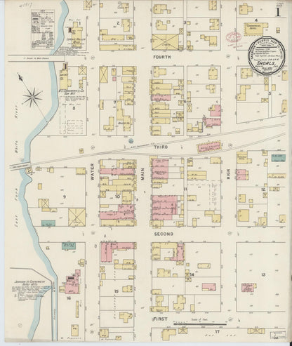 Sanborn Fire Insurance Map from Shoals, Martin County, Indiana (1895), Sheet #0001 - Historic Sanborn Fire Insurance Map Print, vintage old map wall art, antique decor, genealogy gift, Indiana Indiana map