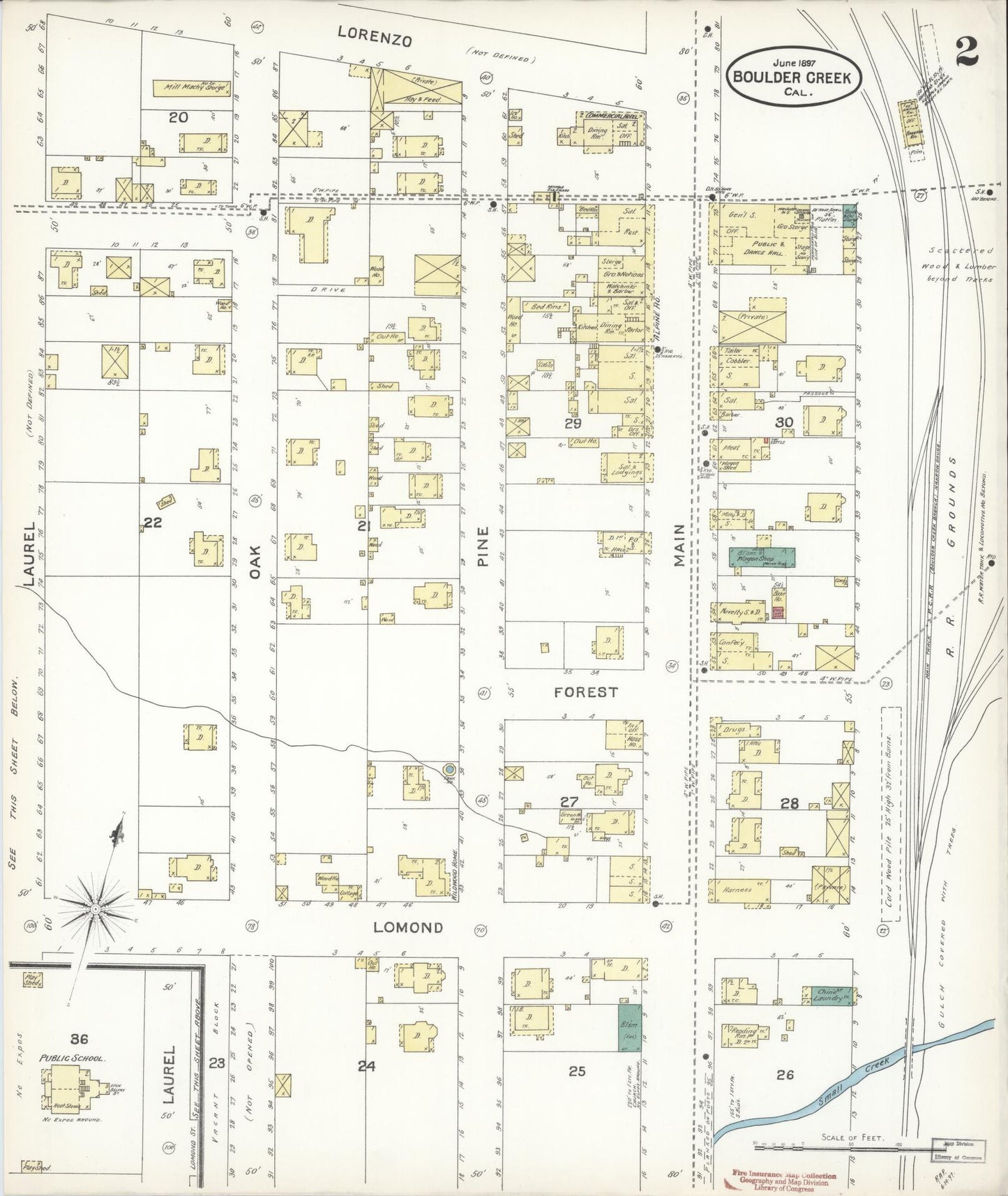 Sanborn Fire Insurance Map from Boulder Creek, Santa Cruz County, California (1897), Sheet #0002 - Historic Sanborn Fire Insurance Map Print, vintage old map wall art, antique decor, genealogy gift, California California map