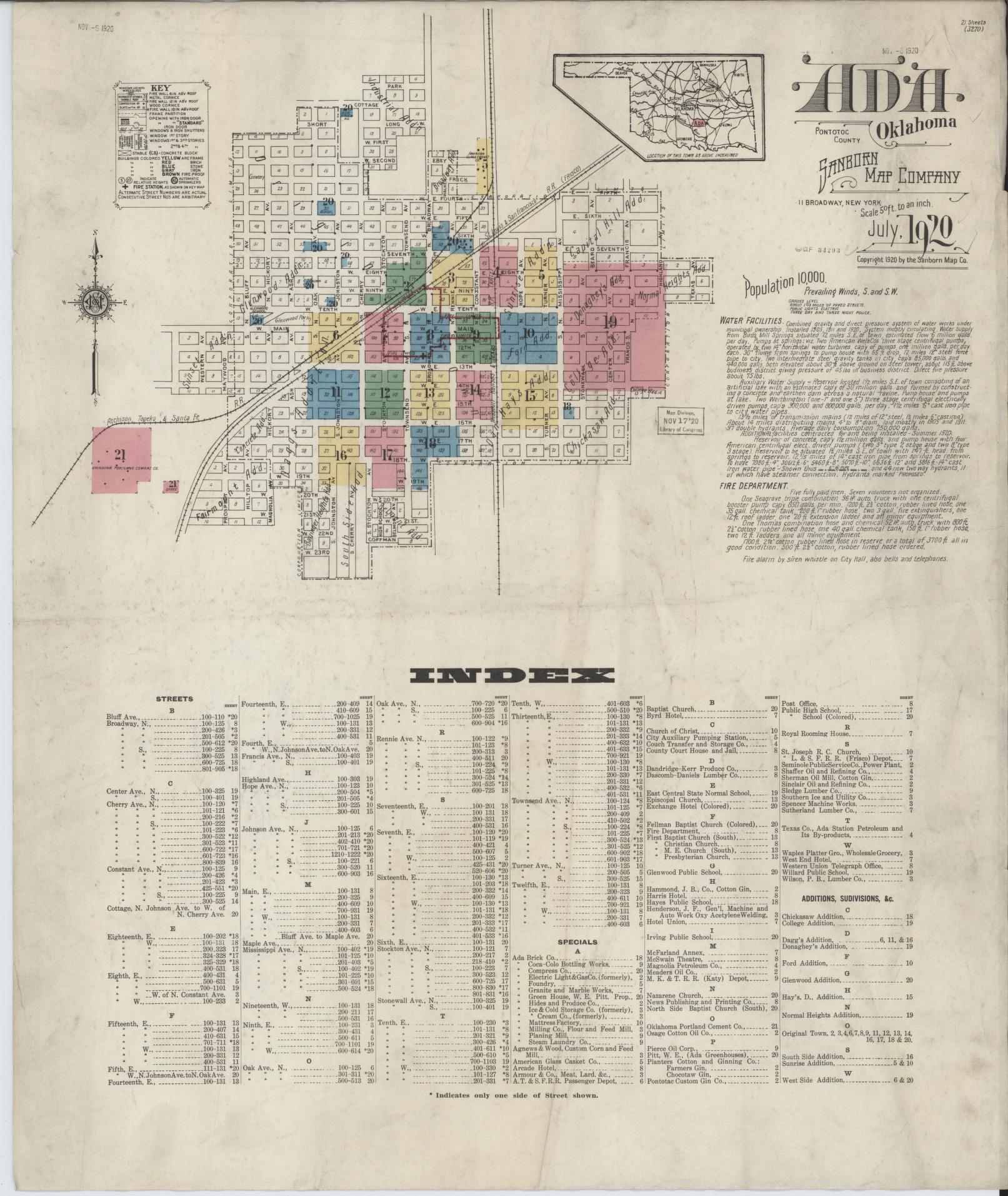Sanborn Fire Insurance Map from Ada, Pontotoc County, Oklahoma (1920), Sheet #0001 - Historic Sanborn Fire Insurance Map Print, vintage old map wall art, antique decor, genealogy gift, Oklahoma Oklahoma map