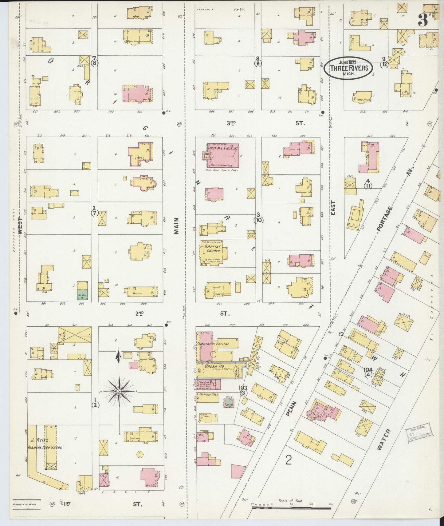 Sanborn Fire Insurance Map from Three Rivers, Saint Joseph County, Michigan (1899), Sheet #0003 - Historic Sanborn Fire Insurance Map Print, vintage old map wall art, antique decor, genealogy gift, Michigan Michigan map