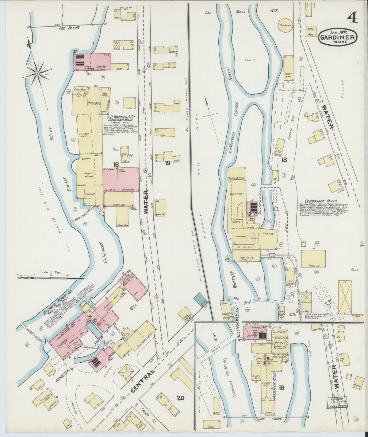 Sanborn Fire Insurance Map from Gardiner, Kennebec County, Maine (1892), Sheet #0004 - Complete Map Set gallery image, historic Sanborn map, vintage wall art, Maine Maine