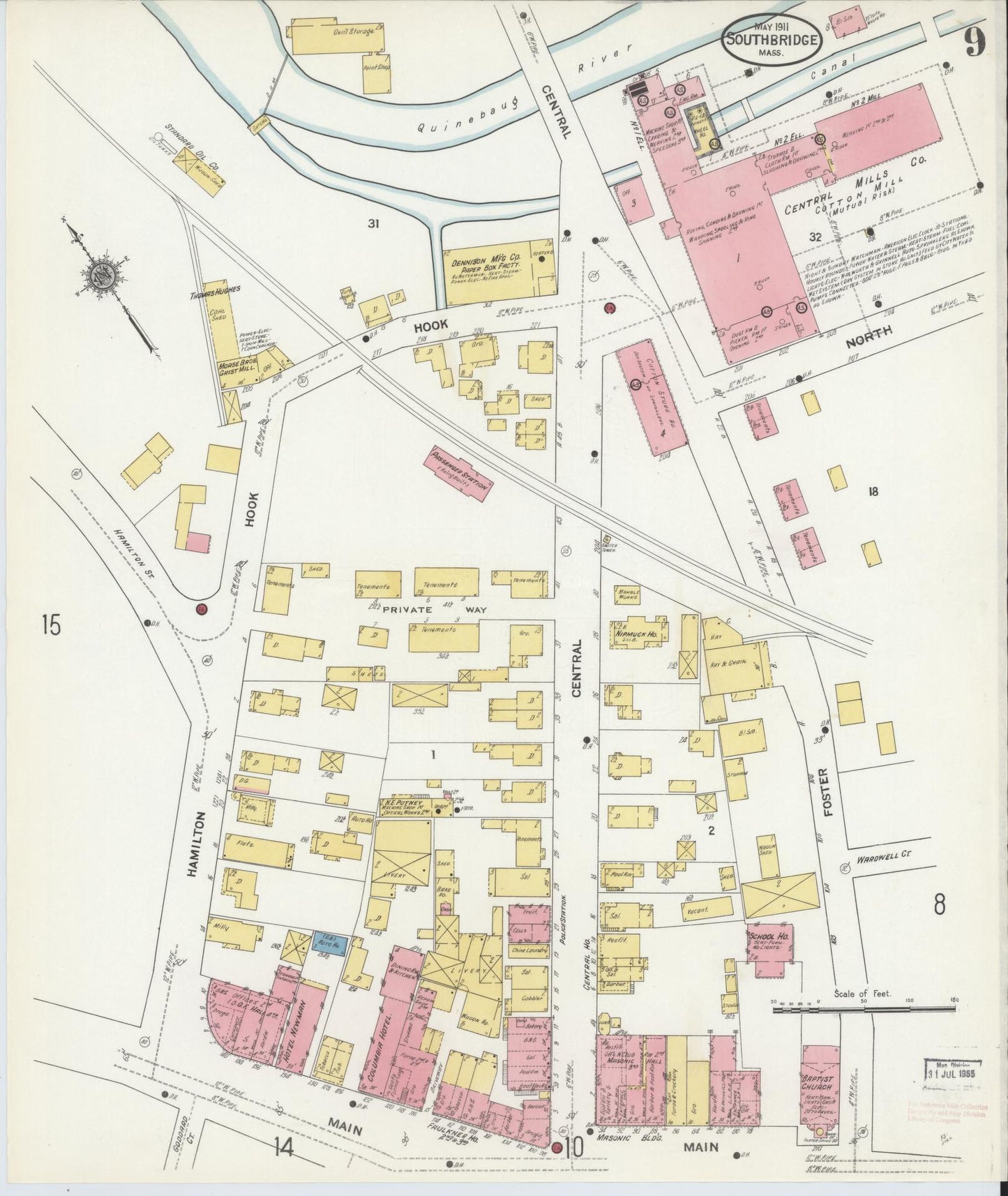 Sanborn Fire Insurance Map from Southbridge, Worcester County, Massachusetts (1911), Sheet #0009 - Historic Sanborn Fire Insurance Map Print, vintage old map wall art, antique decor, genealogy gift, Massachusetts Massachusetts map