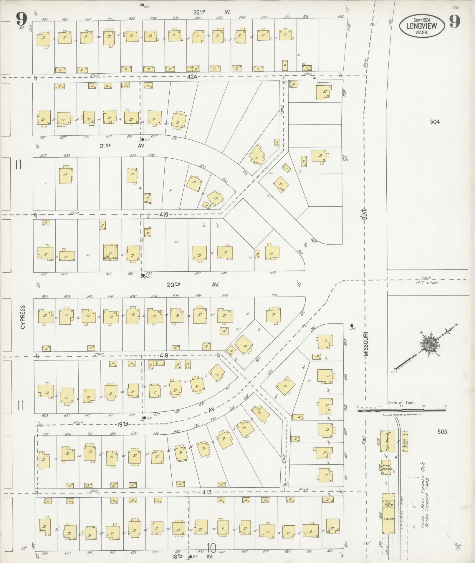 Sanborn Fire Insurance Map from Longview, Cowlitz County, Washington (1924), Sheet #0009 - Complete Map Set gallery image, historic Sanborn map, vintage wall art, Washington Washington