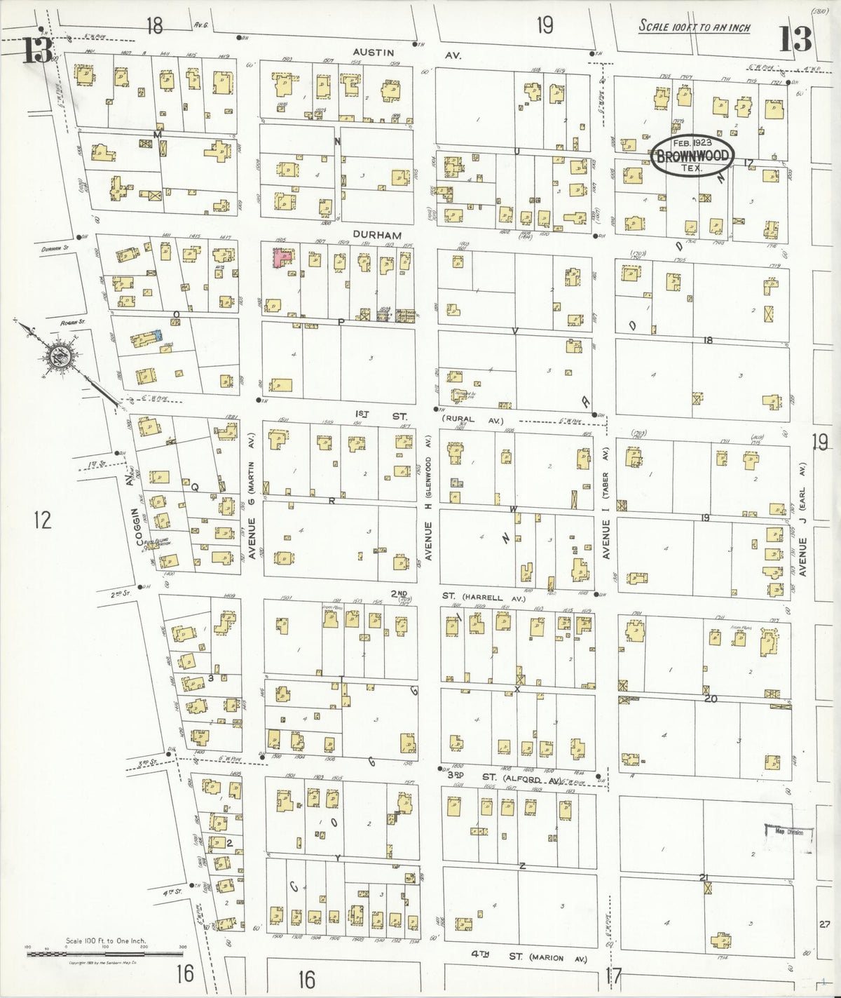 Sanborn Fire Insurance Map from Brownwood, Brown County, Texas (1923), Sheet #0013 - Complete Map Set gallery image, historic Sanborn map, vintage wall art, Texas Texas