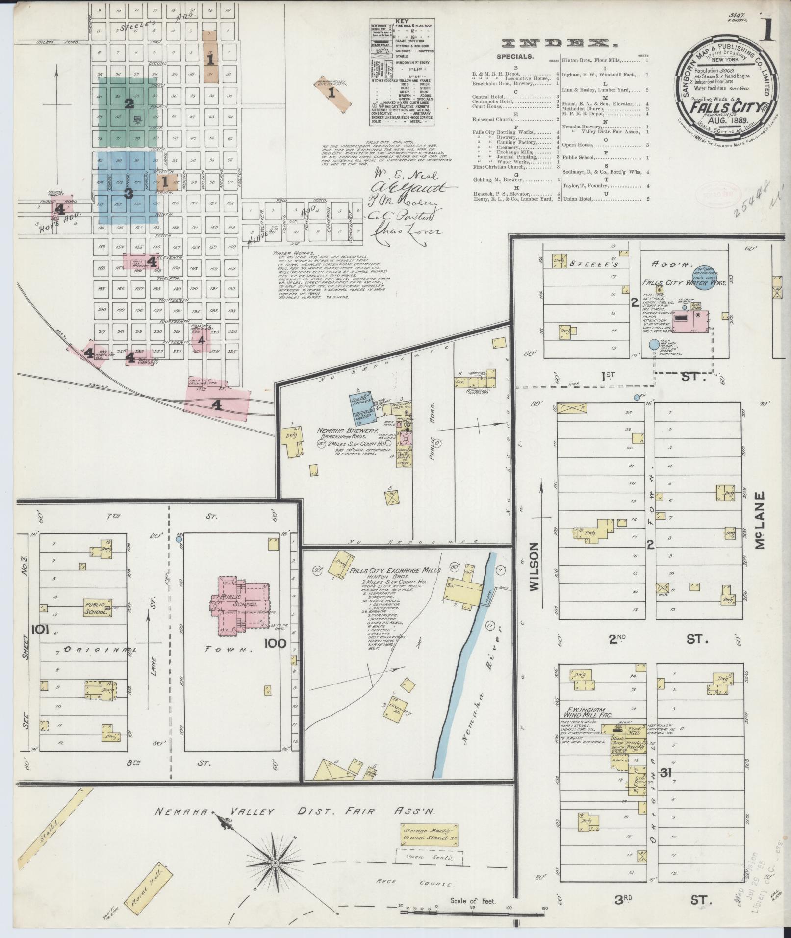 Sanborn Fire Insurance Map from Falls City, Richardson County, Nebraska (1889), Sheet #0001 - Historic Sanborn Fire Insurance Map Print, vintage old map wall art, antique decor, genealogy gift, Nebraska Nebraska map