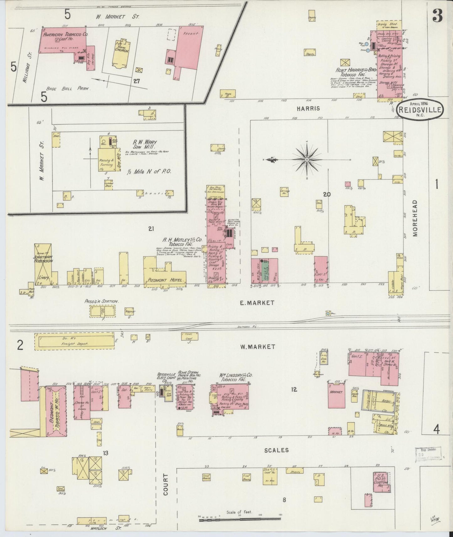 Sanborn Fire Insurance Map from Reidsville, Rockingham County, North Carolina (1896), Sheet #0003 - Historic Sanborn Fire Insurance Map Print, vintage old map wall art, antique decor, genealogy gift, North Carolina North Carolina map