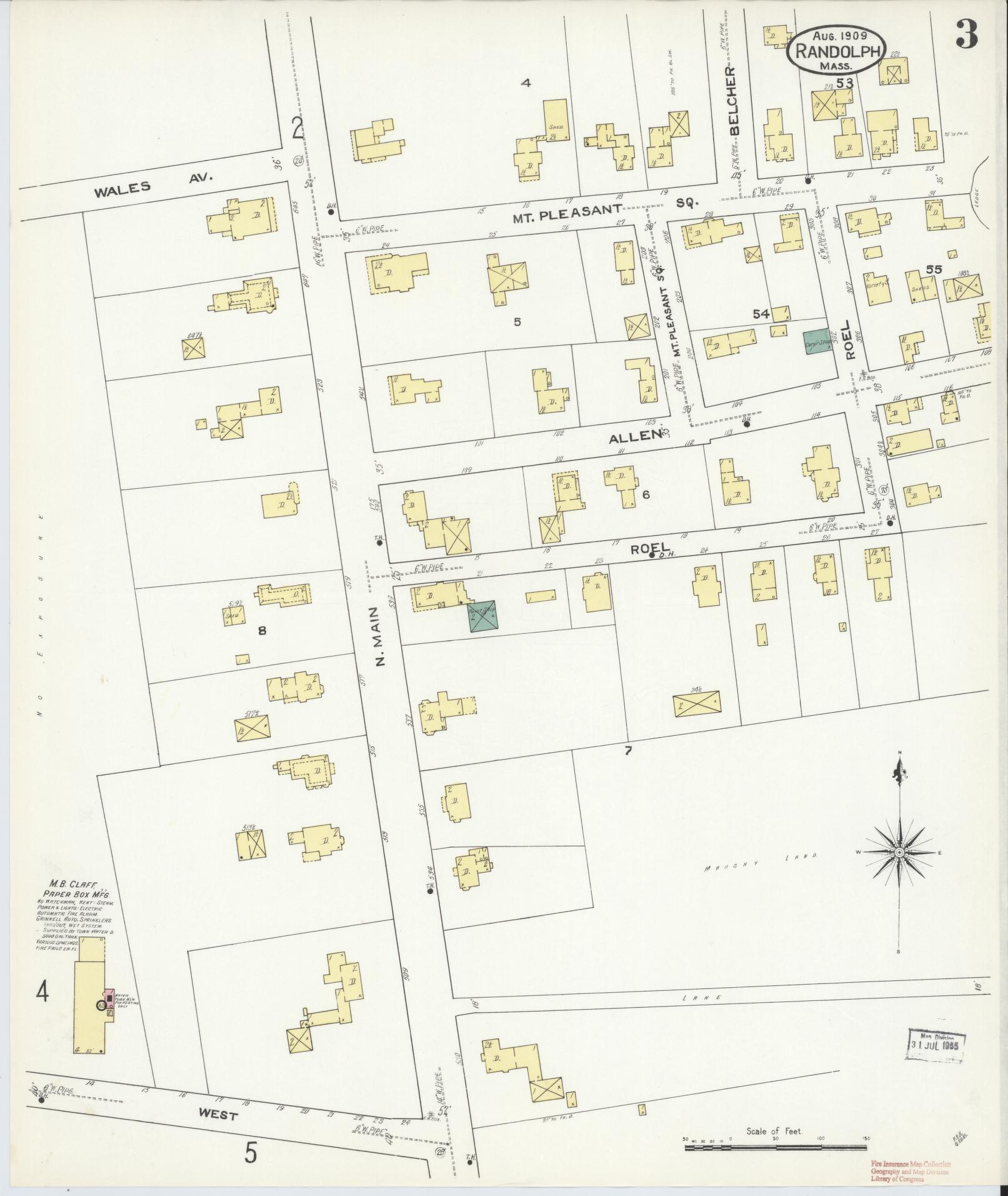 Sanborn Fire Insurance Map from Randolph, Norfolk County, Massachusetts (1909), Sheet #0003 - Historic Sanborn Fire Insurance Map Print, vintage old map wall art, antique decor, genealogy gift, Massachusetts Massachusetts map