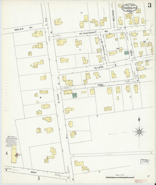 Sanborn Fire Insurance Map from Randolph, Norfolk County, Massachusetts (1909), Sheet #0003 - Historic Sanborn Fire Insurance Map Print, vintage old map wall art, antique decor, genealogy gift, Massachusetts Massachusetts map