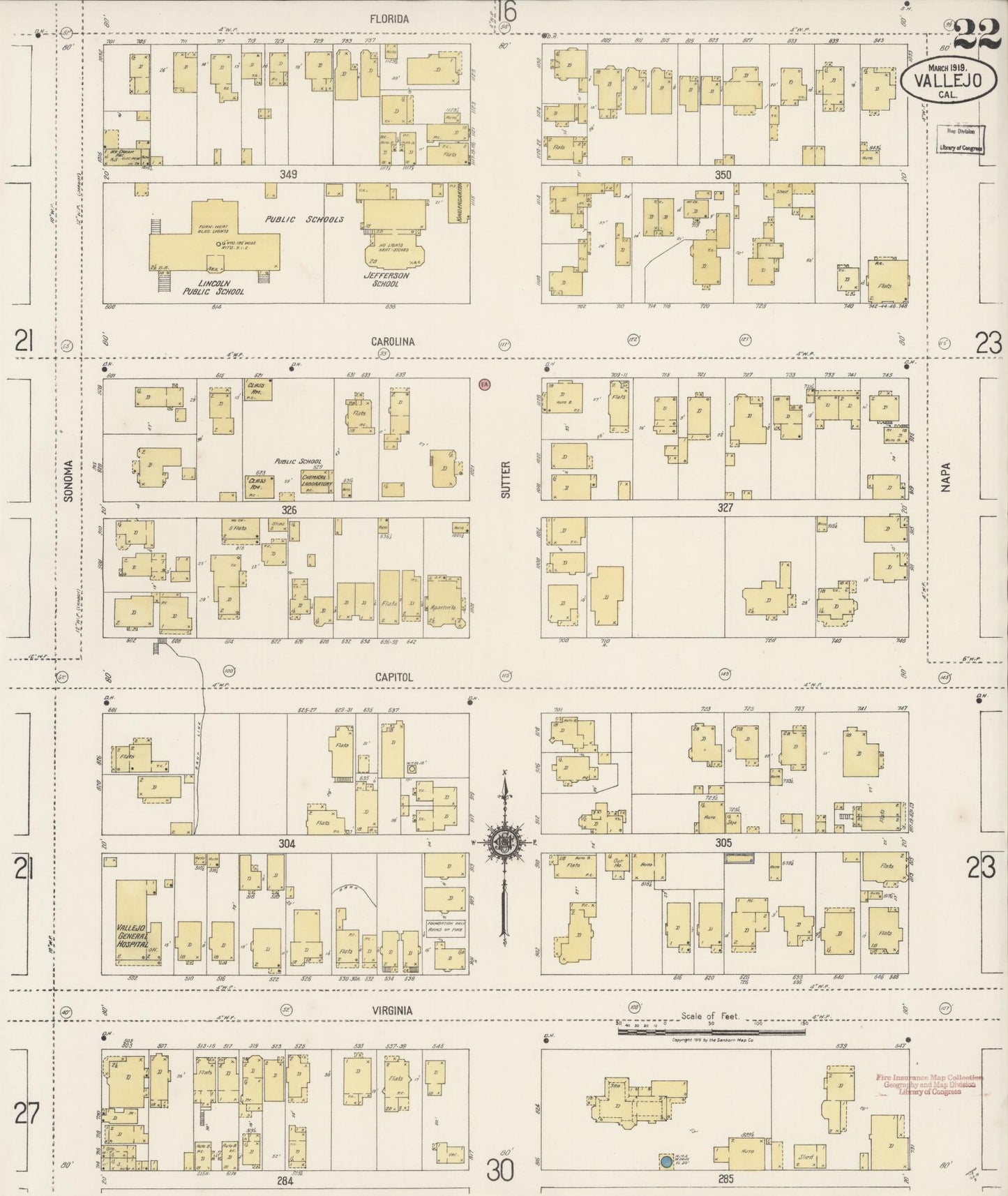 Sanborn Fire Insurance Map from Vallejo, Solano County, California (1919), Sheet #0022 - Complete Map Set gallery image, historic Sanborn map, vintage wall art, California California