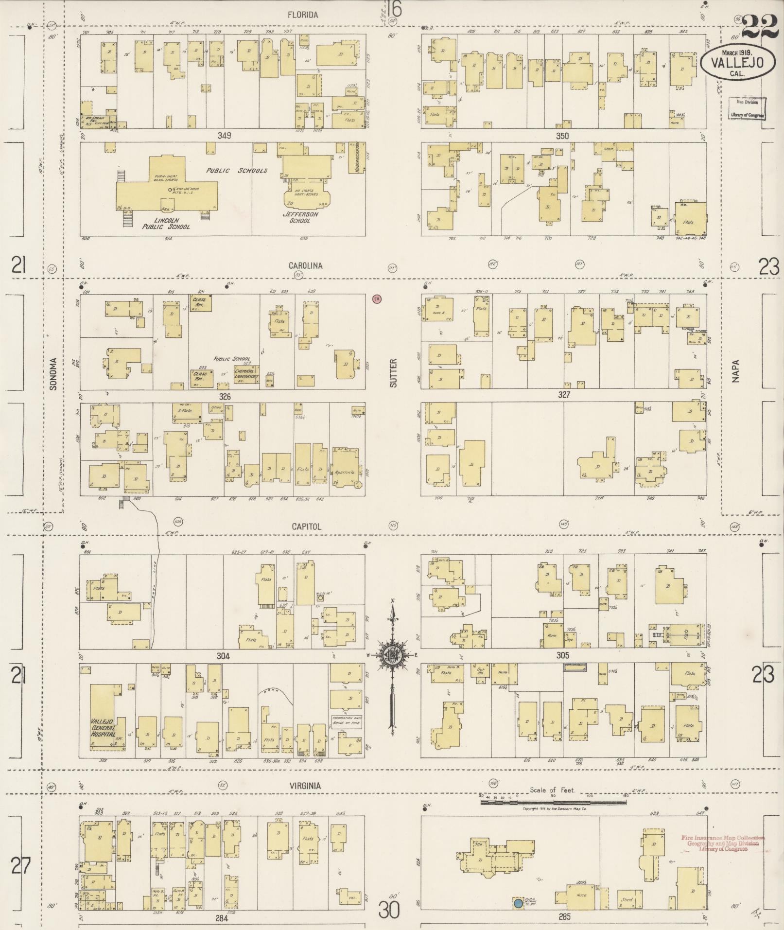 Sanborn Fire Insurance Map from Vallejo, Solano County, California (1919), Sheet #0022 - Complete Map Set gallery image, historic Sanborn map, vintage wall art, California California