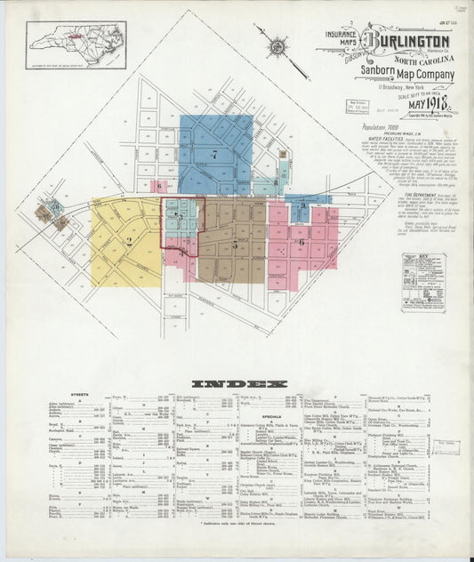 Sanborn Fire Insurance Map from Burlington, Alamance County, North Carolina (1918), Sheet #0001 - Complete Map Set gallery image, historic Sanborn map, vintage wall art, North Carolina North Carolina