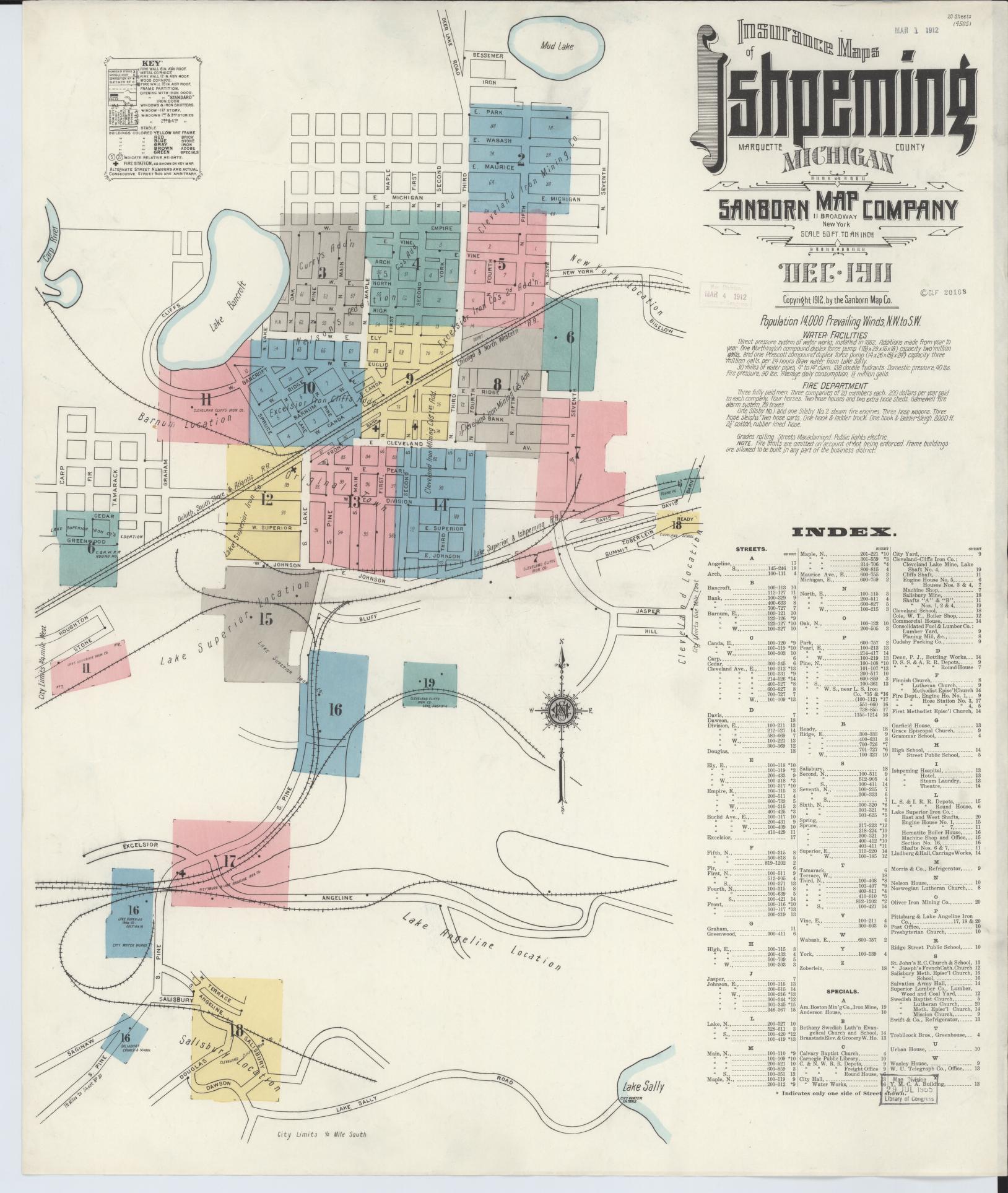 Sanborn Fire Insurance Map from Ishpeming, Marquette County, Michigan (1911), Sheet #0001 - Historic Sanborn Fire Insurance Map Print, vintage old map wall art, antique decor, genealogy gift, Michigan Michigan map