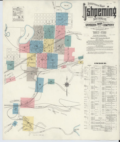 Sanborn Fire Insurance Map from Ishpeming, Marquette County, Michigan (1911), Sheet #0001 - Historic Sanborn Fire Insurance Map Print, vintage old map wall art, antique decor, genealogy gift, Michigan Michigan map