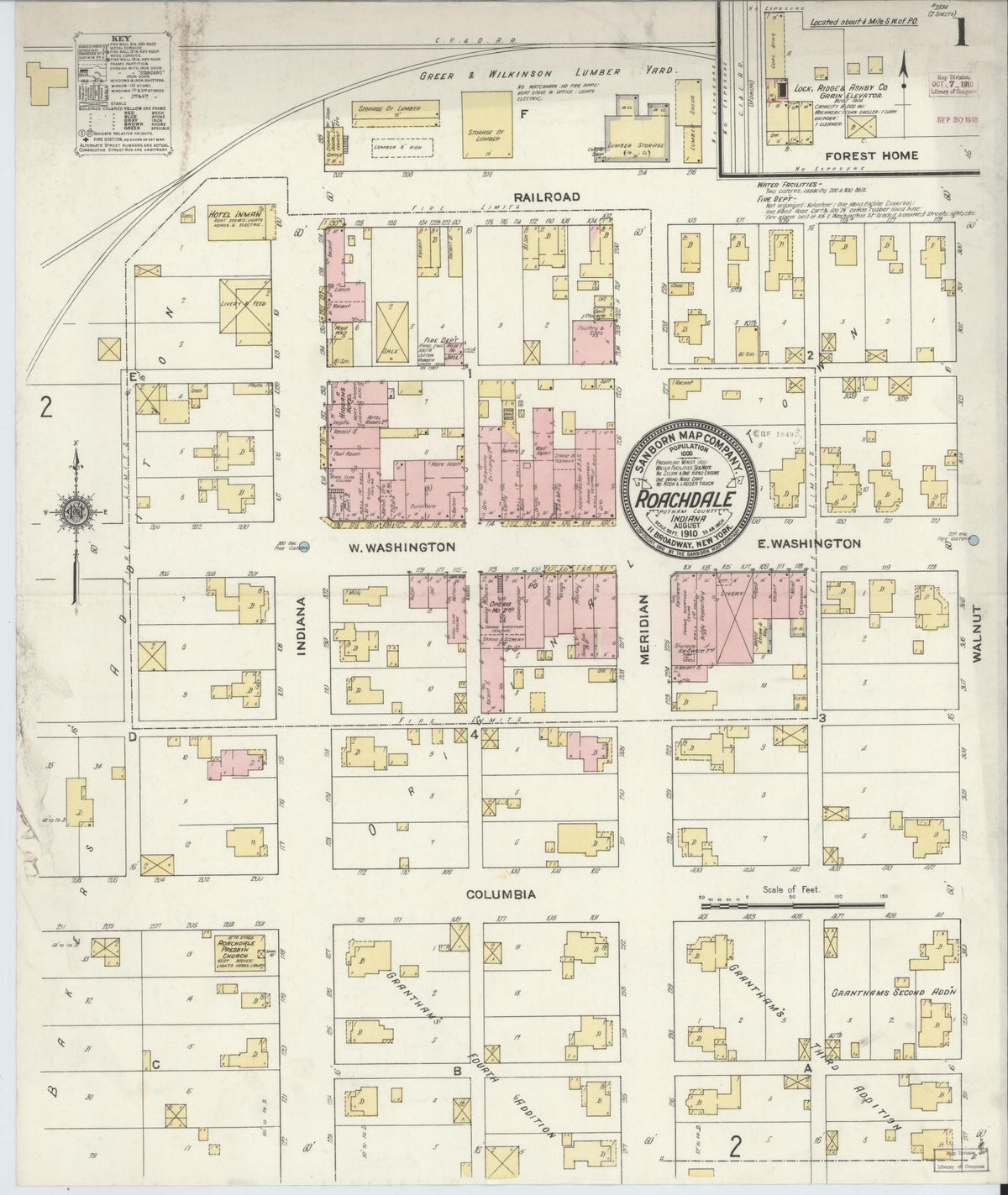 Sanborn Fire Insurance Map from Roachdale, Putnam County, Indiana (1910), Sheet #0001 - Historic Sanborn Fire Insurance Map Print, vintage old map wall art, antique decor, genealogy gift, Indiana Indiana map