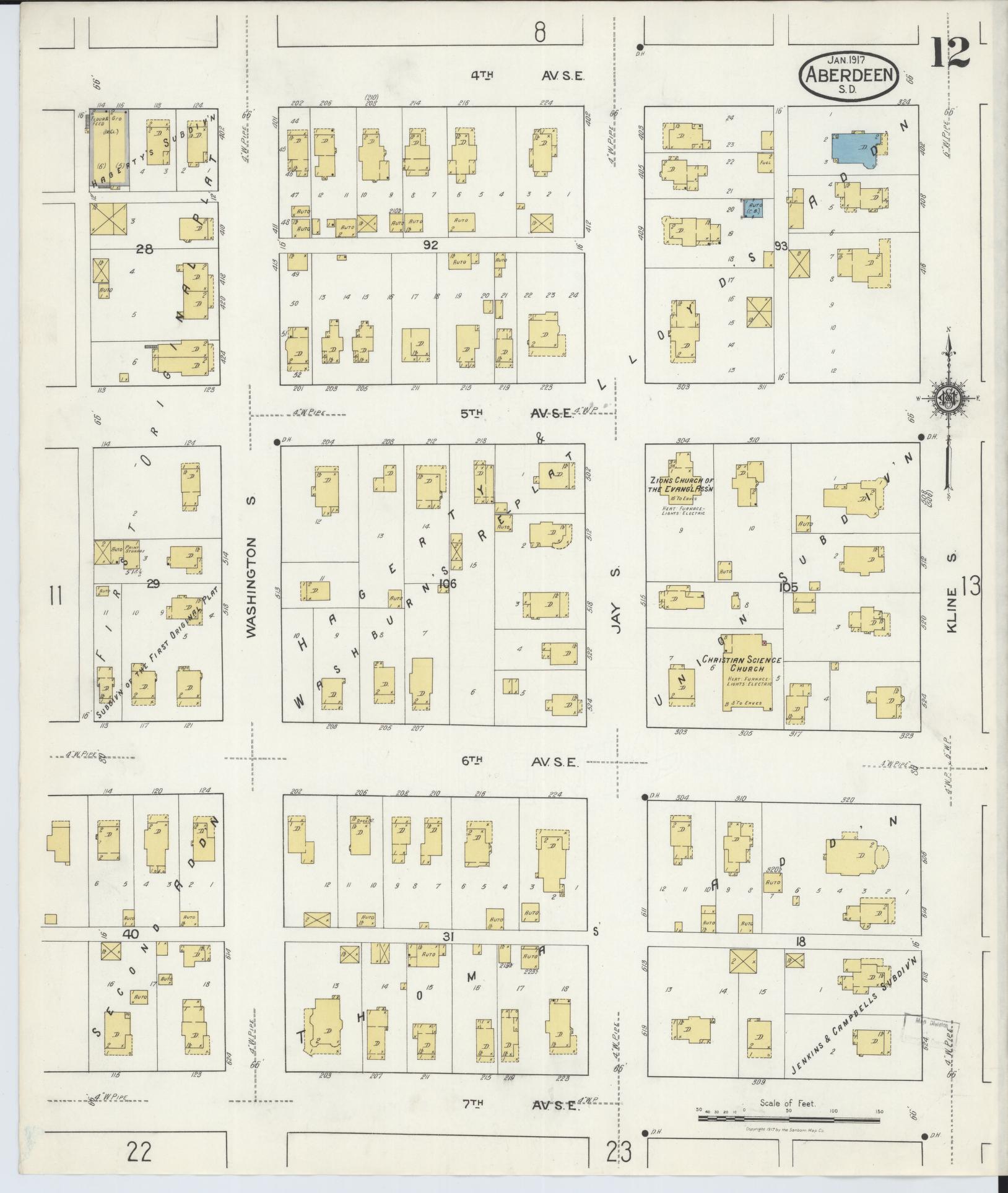 Sanborn Fire Insurance Map from Aberdeen, Brown County, South Dakota (1917), Sheet #0012 - Complete Map Set gallery image, historic Sanborn map, vintage wall art, South Dakota South Dakota
